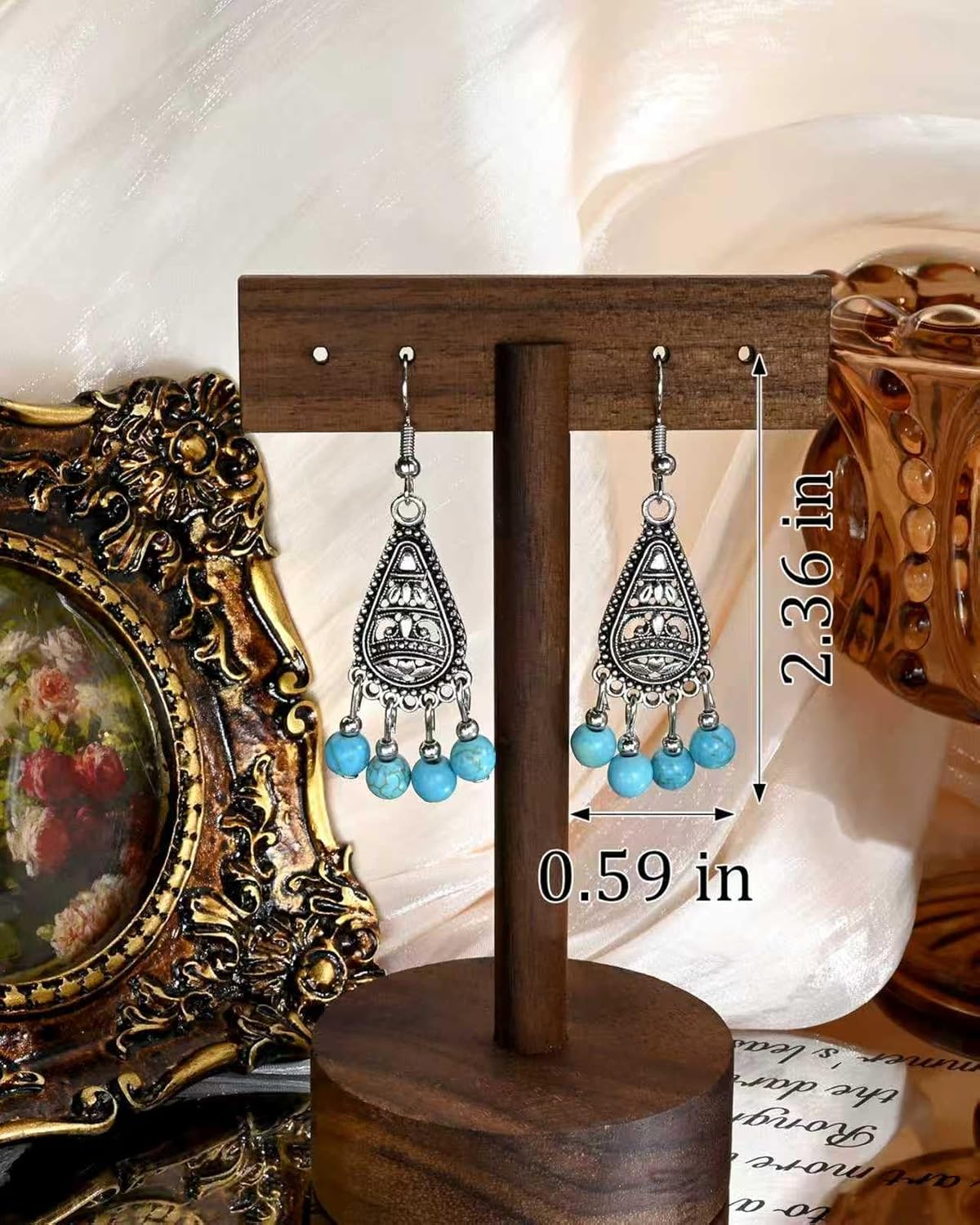 Boho Silver Turquoise Filigree Western Country Earrings Teardrop Drop Dangle Vintage Stone Bohemian Statement Earrings for Women Cowgirl - Image 6