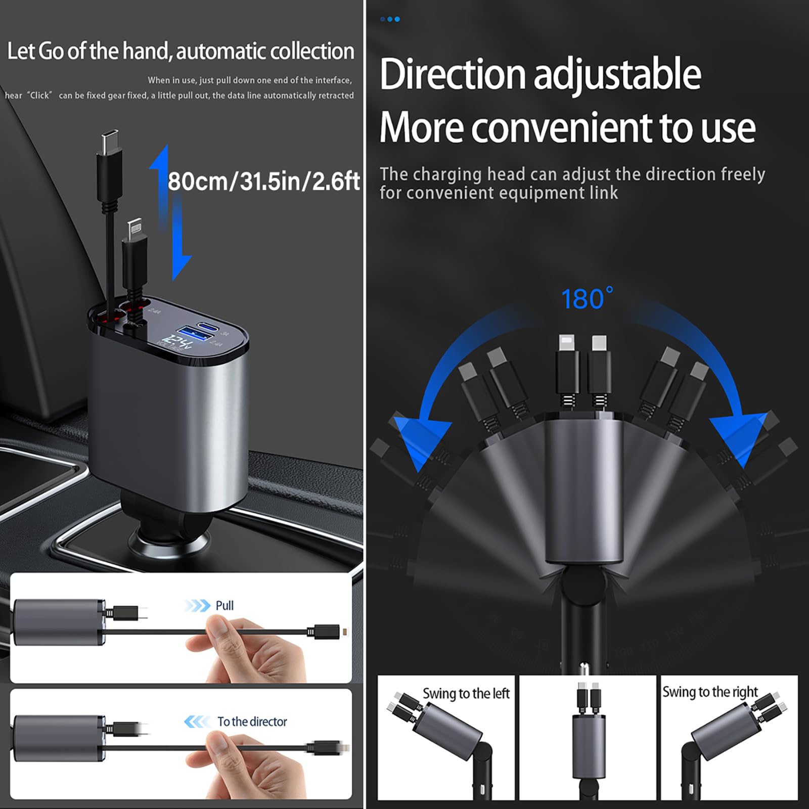 Quntee Retractable Car Charger for iPhone 15 Pro Max, Car Cigarette Lighter 66W Fast USB C Phone Charger, 4 in 1 Retractable Type C Car Charger for iPhone/MacBook Pro/Air,Huawei 2