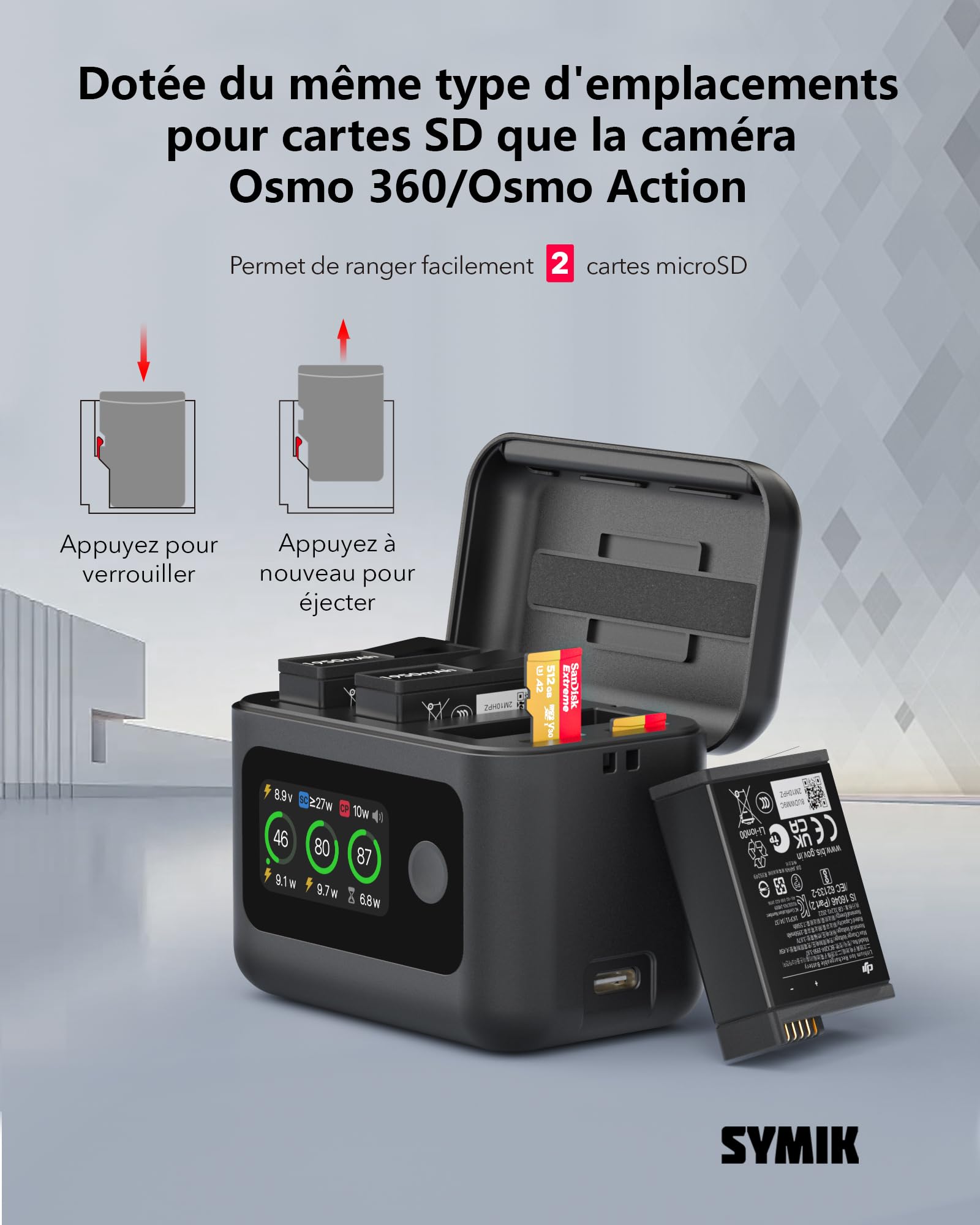 SYMIK Chargeur de Batterie pour DJI Osmo 360 / Action 6 / Action 5 Pro /4/3 | 27 W Triple Slots PD Boîtier de charge rapide, Hub de chargeur intelligent LCD bidirectionnel pour batterie DJI Osmo Action