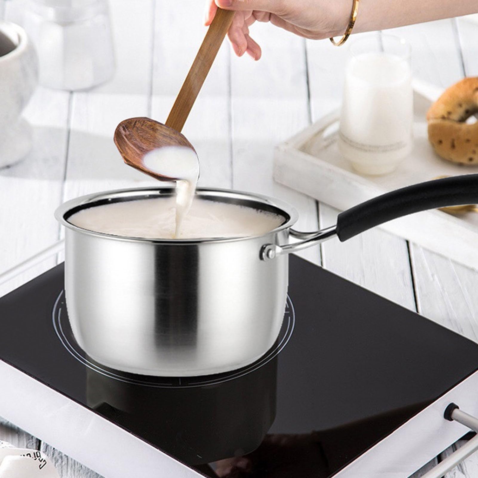Pentola in acciaio inox, piccola pentola per latte, con manico singolo con rapido trasferimento di calore e design anti-scottatura, zuppa ispessita per alimenti per bambini, porridge e cottura a