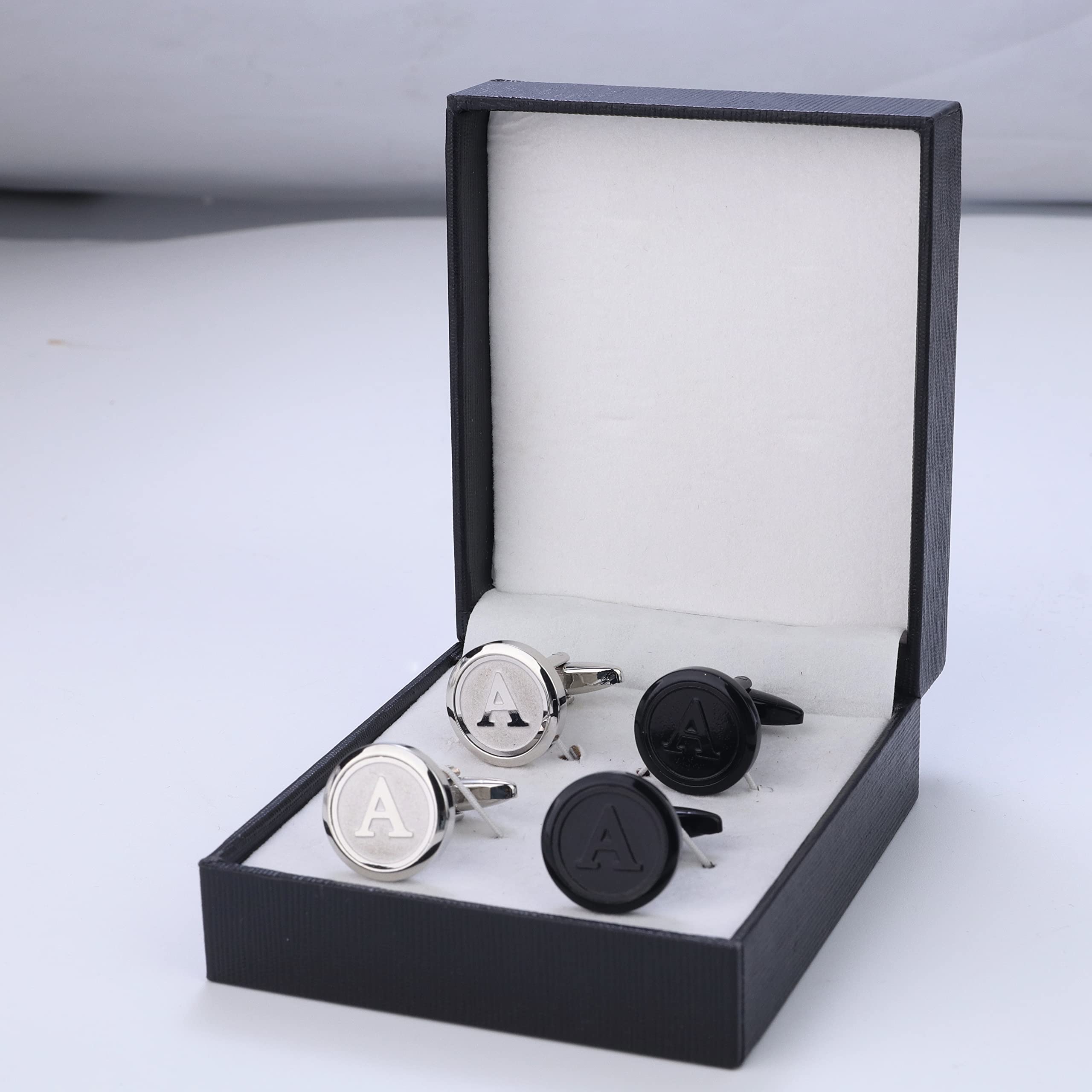 ORAZIO Cufflinks For Men Engraved Initials Cufflinks Silver Black Set Stainless Steel Cuff Links Letter Alphabet A-Z Gift With Box For Wedding,Dad,Groom,Groommen,Husband(A)