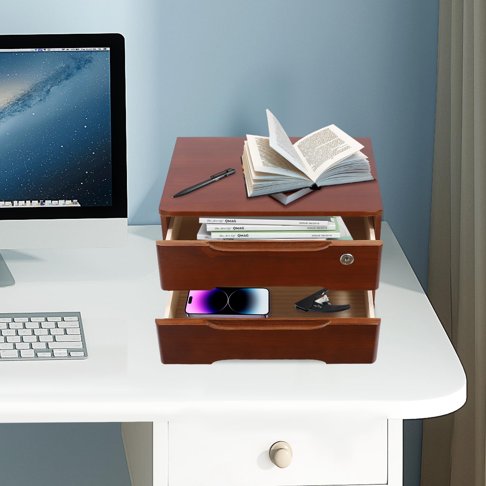 Cassettiera in legno, a 2 livelli, organizer da scrivania con cassetti richiudibili, mini cassettiera con serratura, 39 x 30 x 21,5 cm, per uffici, camera da letto, ecc. (noce)