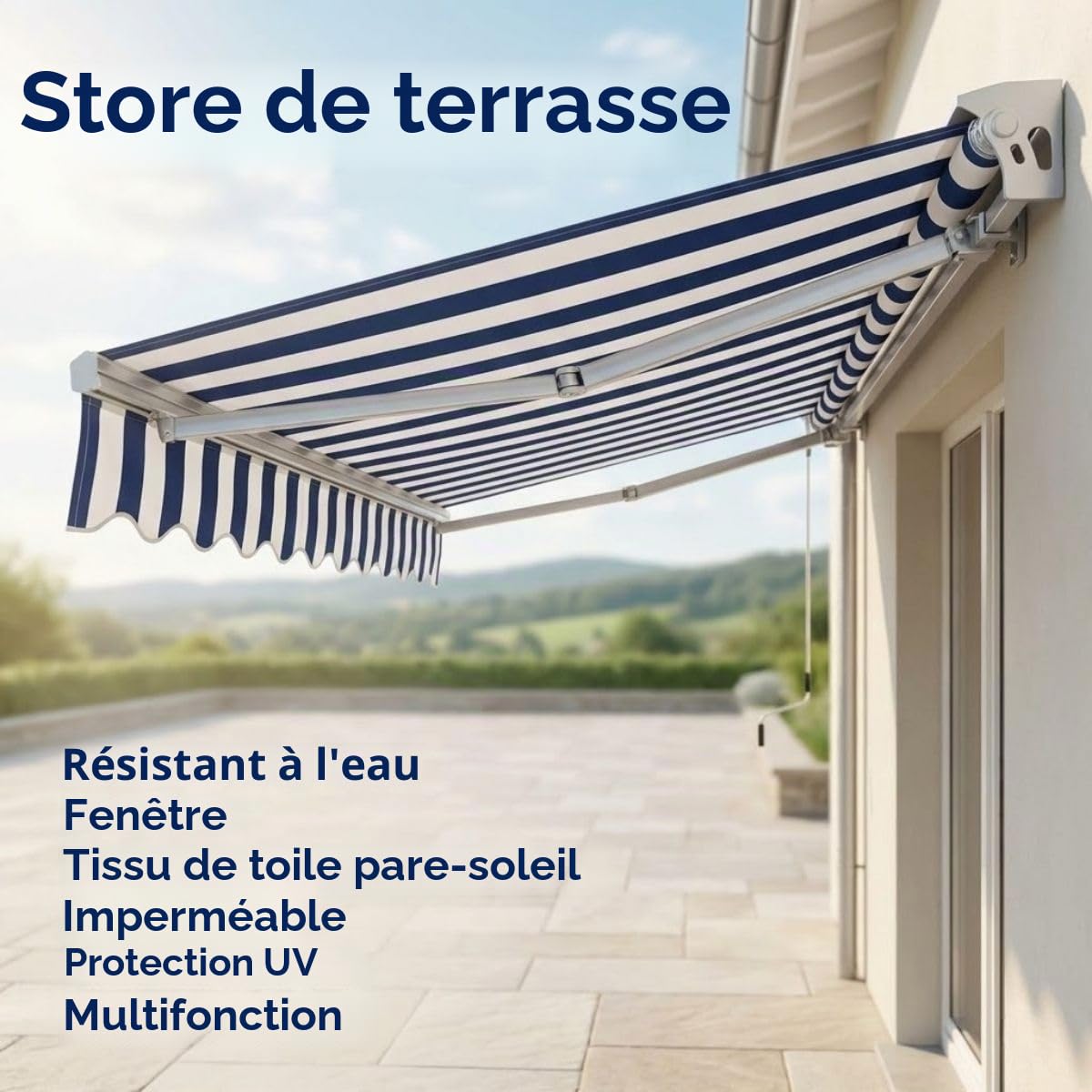 Générique Store Banne Manuel Rétractable sans Perçage pour Balcon Et Terrasse, Auvent Porte D’Entrée Extérieur avec Lambrequin pour Store, Toile De Remplacement en Polyester Imperméable Anti-UV