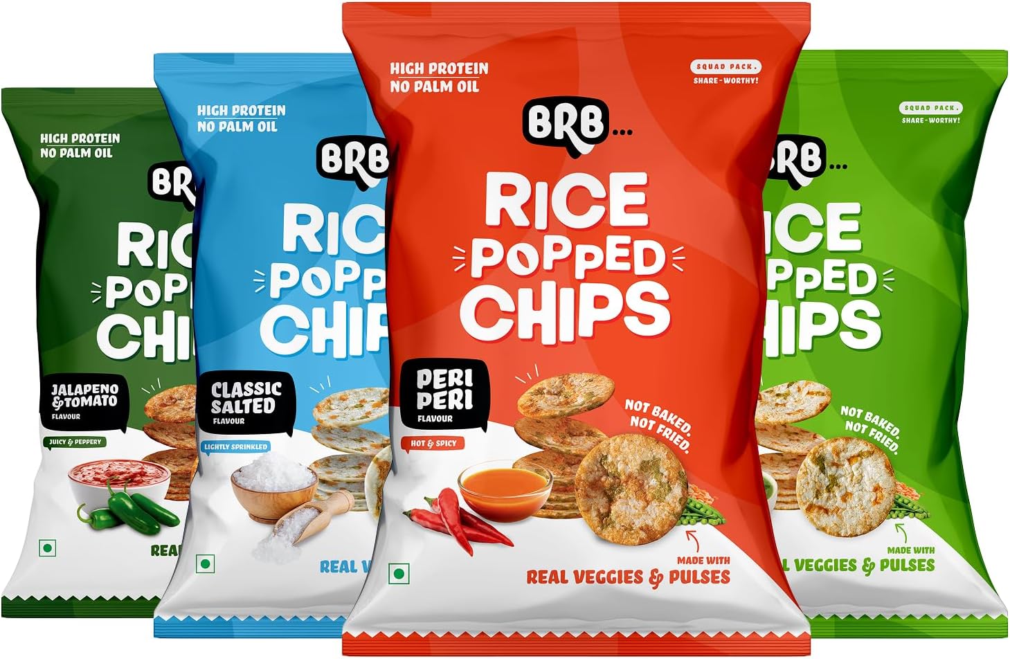 Rice Popped Chips - 4 Flavours | Not Fried. Not Baked | High Protein | 50% Less Oil, No Palm Oil, Healthy Snack | 4 x (48g/54g) Combo Pack (weight may vary)