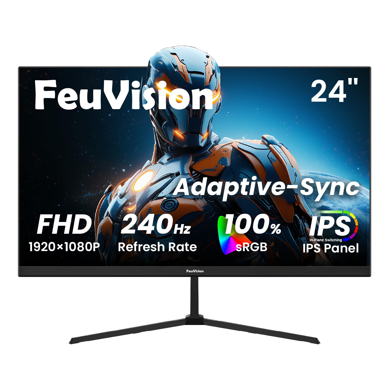 FeuVision Monitor para juegos de 24 pulgadas, 240 Hz, FHD 1080p, panel IPS, tiempo de respuesta de 0.5 ms, sincronización adaptativa, monitor de computadora de PC, sin marco de 3 lados, ultra delgado