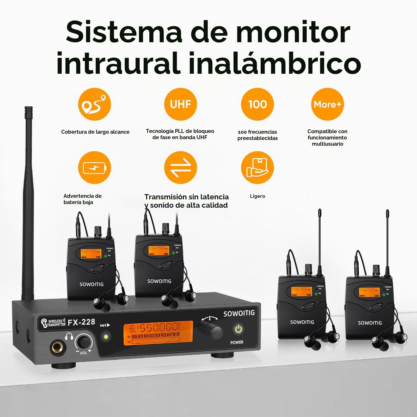 Sistema de monitoreo inalámbrico in-ear – Sistema UHF IEM profesional (mono) con transmisor de metal montado en rack, 4 receptores con auriculares