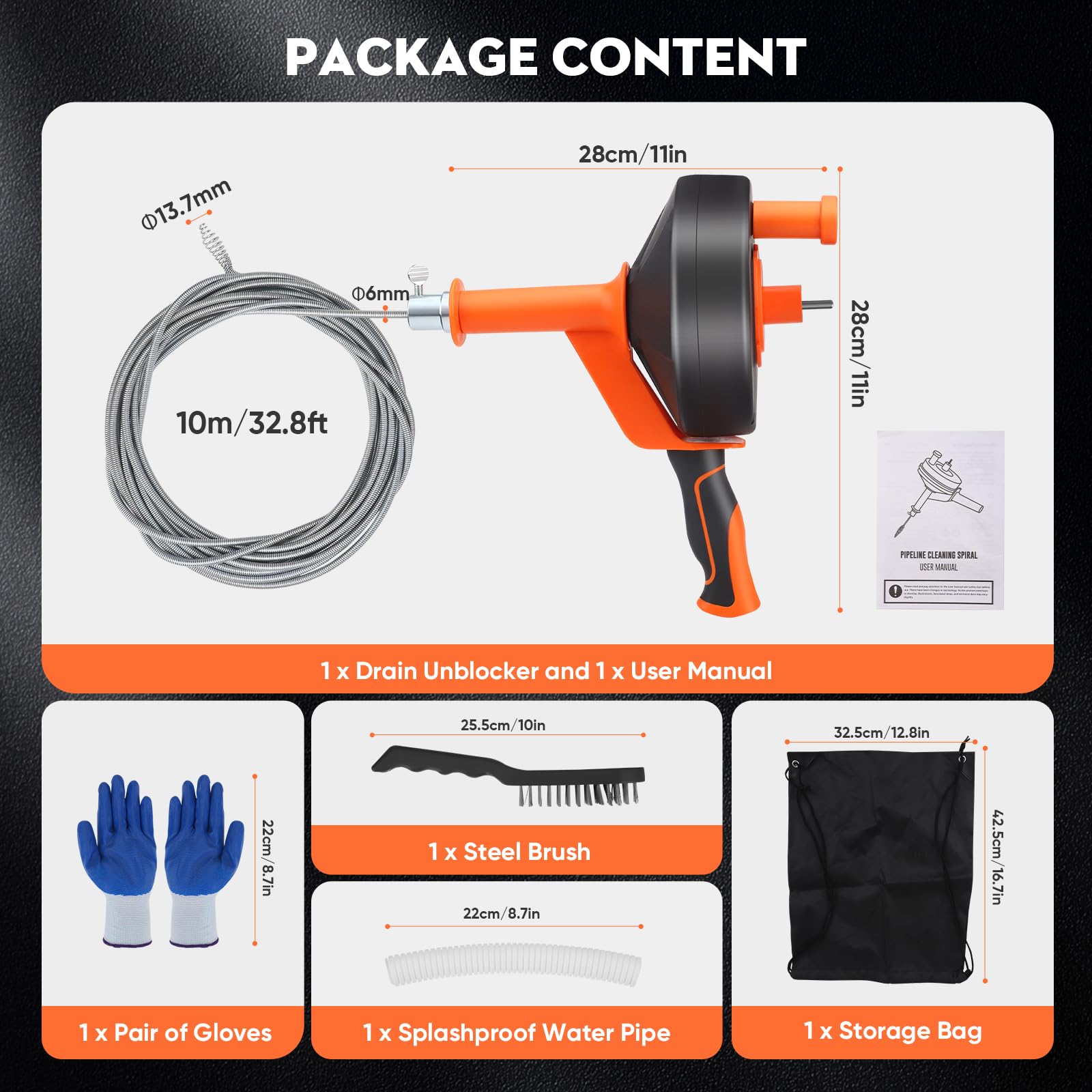 Desatascador Tuberias Profesional,10M Flexible Espiral Desatascar Tuberias para Fregaderos de Cocina, Baños y Duchas. Lncluye Guantes,Bolsa,Cepillo