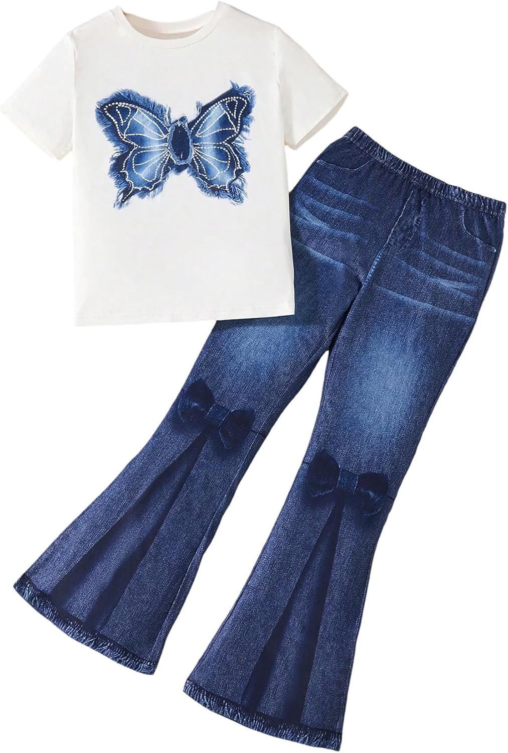 OYOANGLE Girl's Two Piece Cute Outfits Butterfly Denim Print T Shirt Flared Pants Clothing Set