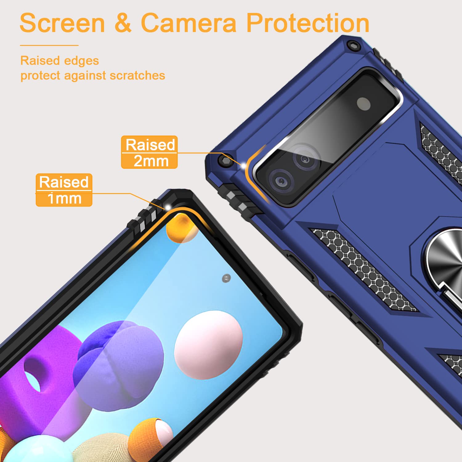 for Google Pixel 6a Case with Tempered Glass Screen Protector [2 Pack], Military-Grade Armor Shockproof Protective Phone Cover with Ring Magnetic Kickstand for Pixel 6a, Blue
