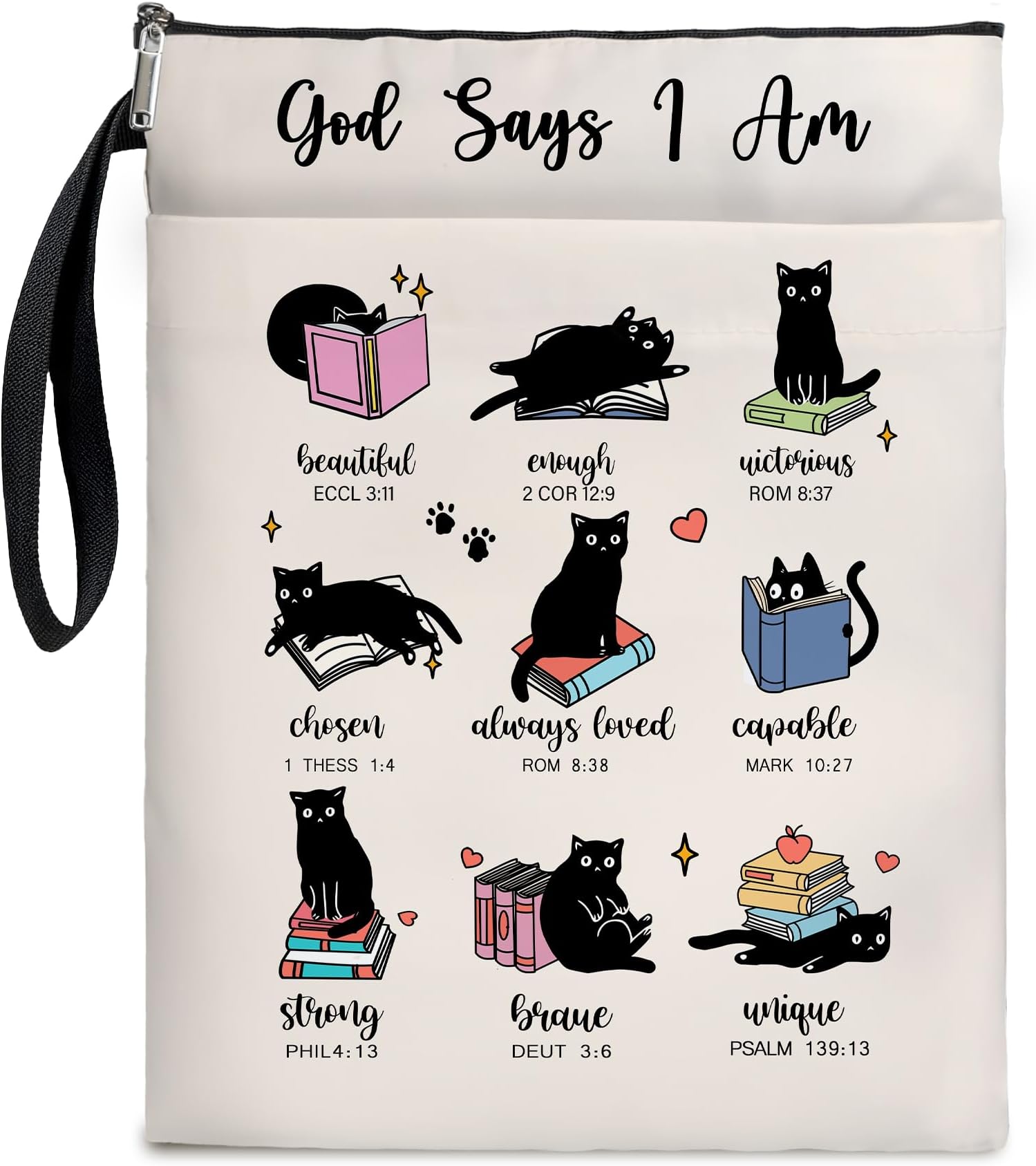 Book Cover Christian Inspired Gift, God Says I AM Pattern Reusable Book Pouch, Christian Book Sleeve Bible Verse for Book Lovers (Beige-GOD SAYS, Large)