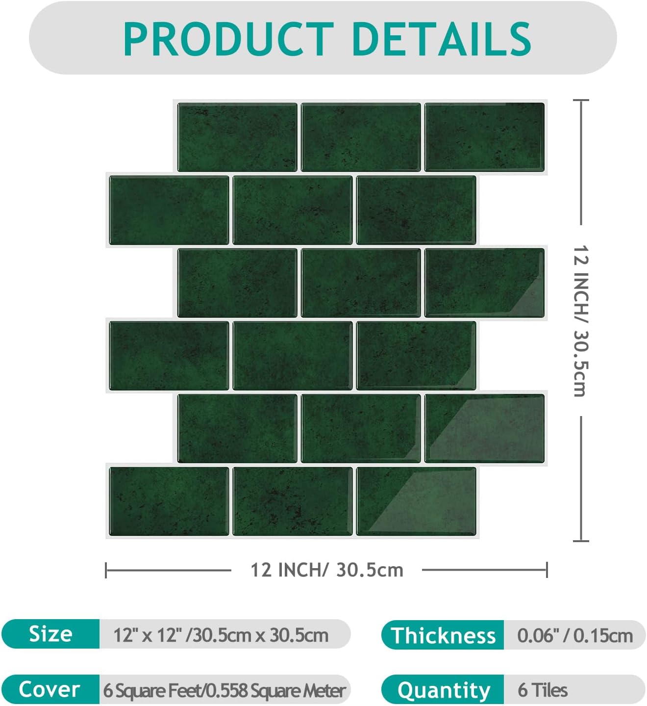 VEELIKE 6 Sheets Forest Green Subway Tile Peel and Stick Backsplash Kitchen Backsplash Tile Peel and Stick Green Wall Tiles for Bathroom Waterproof Stick on Tiles for Kitchen Wall Fireplace 12''x12''