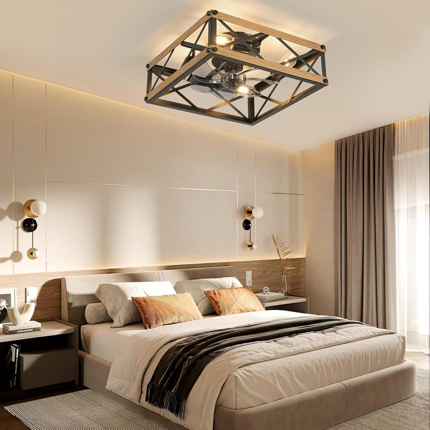 Caged Ceiling Fan with Lights, Farmhouse Rustic Square Flush Mount Ceiling Fan with Light and Remote, Reversible 7 Speeds Motor, Small Bladeless Ceiling Fans for Living Room, Bedroom, Kitchen