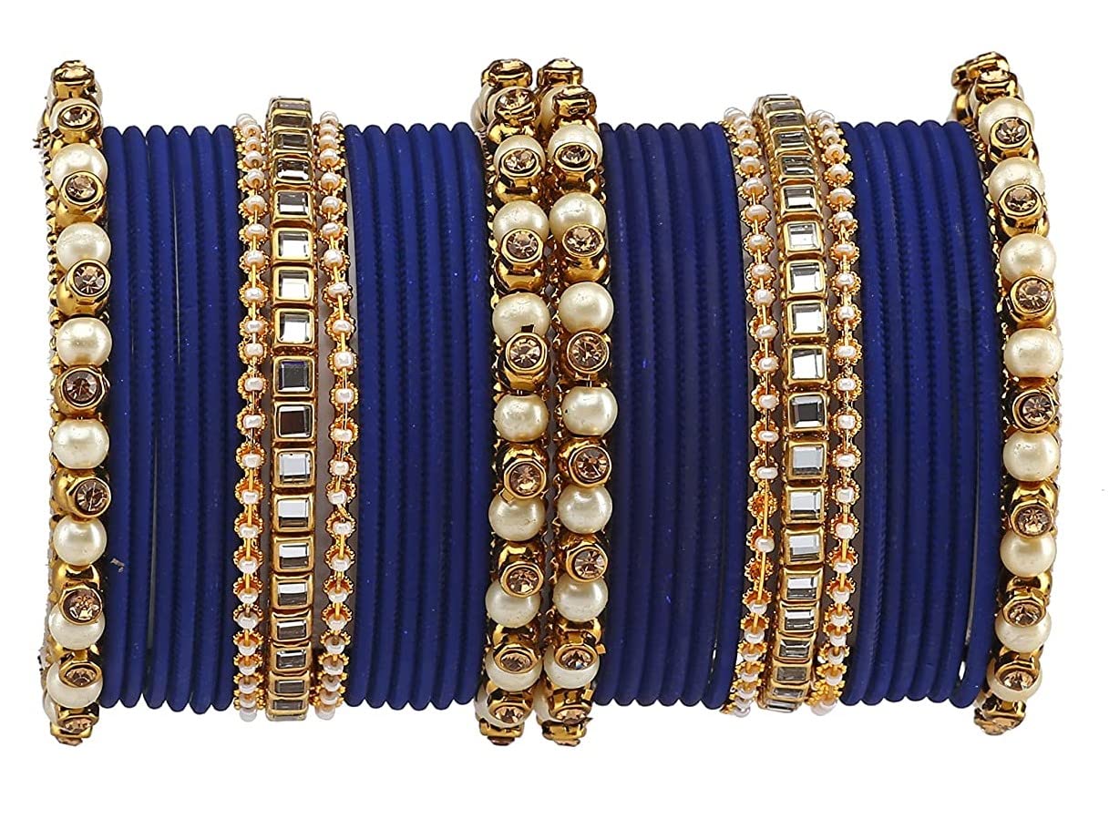 T4 Jewels Brass Metal Beads, Stones And Gemstones Studded Pearl & Glossy Finished Bangle Set For Women & Girls_Blue_2.4 (B0BBXTGS4G) Amazon Price History, Amazon Price Tracker