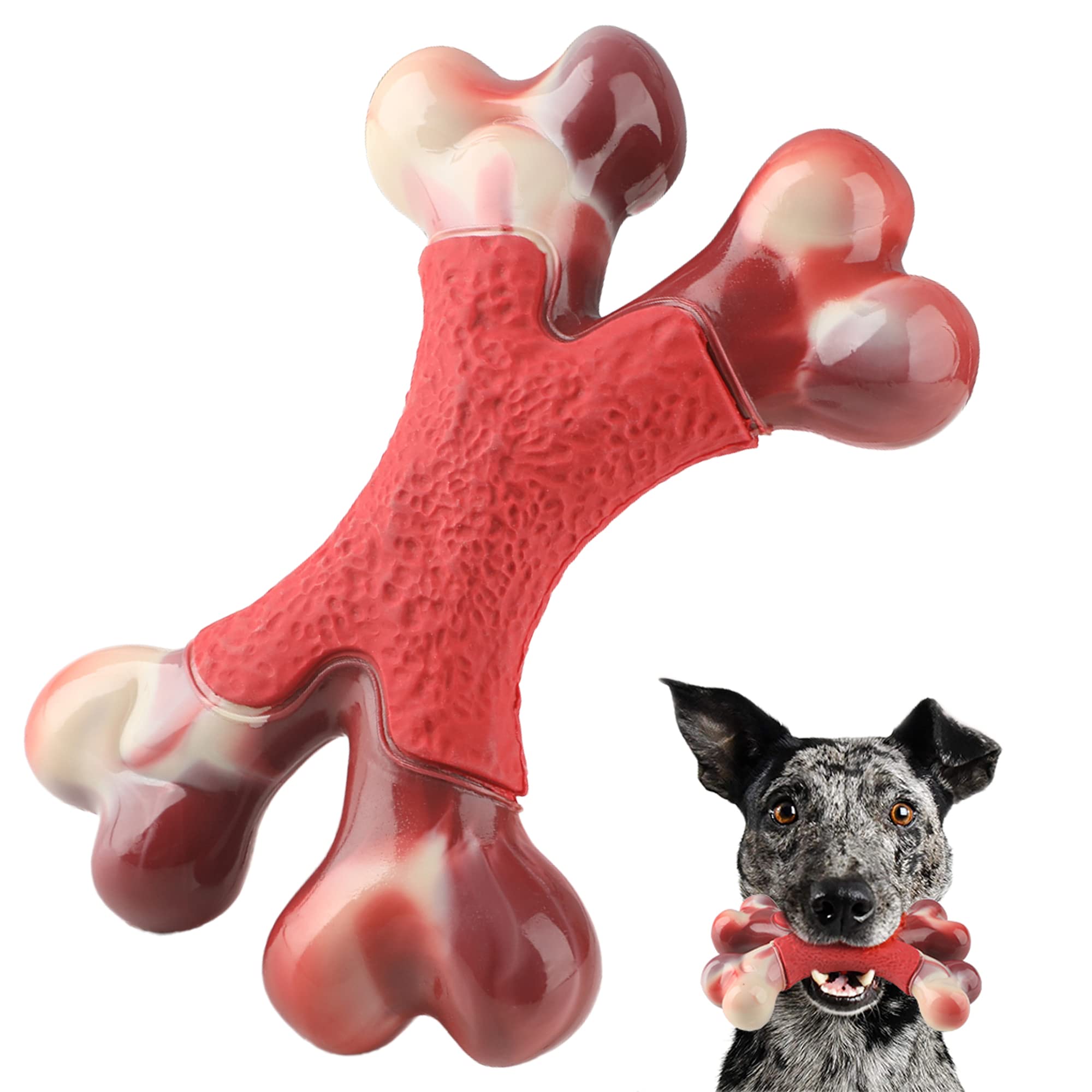 LACCEN Nylon Bone for Dogs, Dog Chew Toys, Indestructible Dog Toys for Aggressive Chewers, Extreme Tough Double Bend Bone Toy, Beef Flavour (Red)