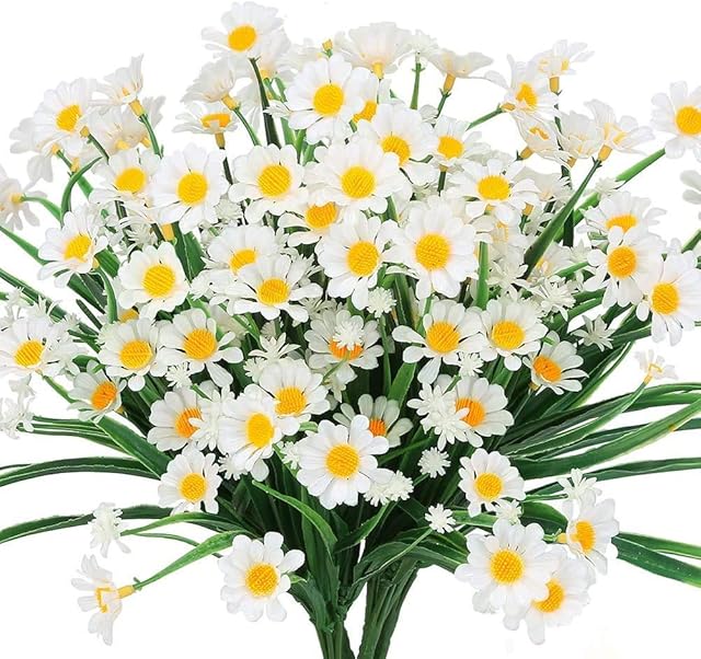 Ruiuzioong Artificial Daisy Flowers 4 Pack Outdoor Fake Flowers for Decoration No Fade Faux Plastic Flower Garden Porch Hanging Planter Farmhouse Window Box Décor (White)
