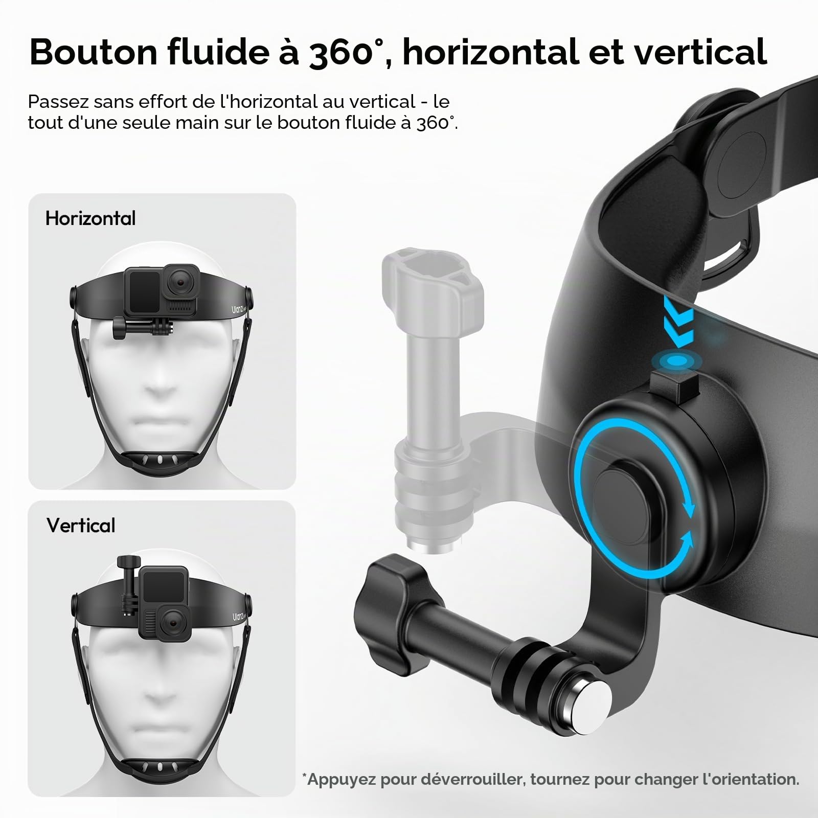 Ulanzi CM029 Fixation Bandeau de Tête Compatible avec GoPro Hero 13/12/11/10/9/8, Insta 360 X5, DJI Action 6/Action 5 Pro/4/3, Rotation à 360°, Support Amovible avec Adaptateur Pince pour Smartphone