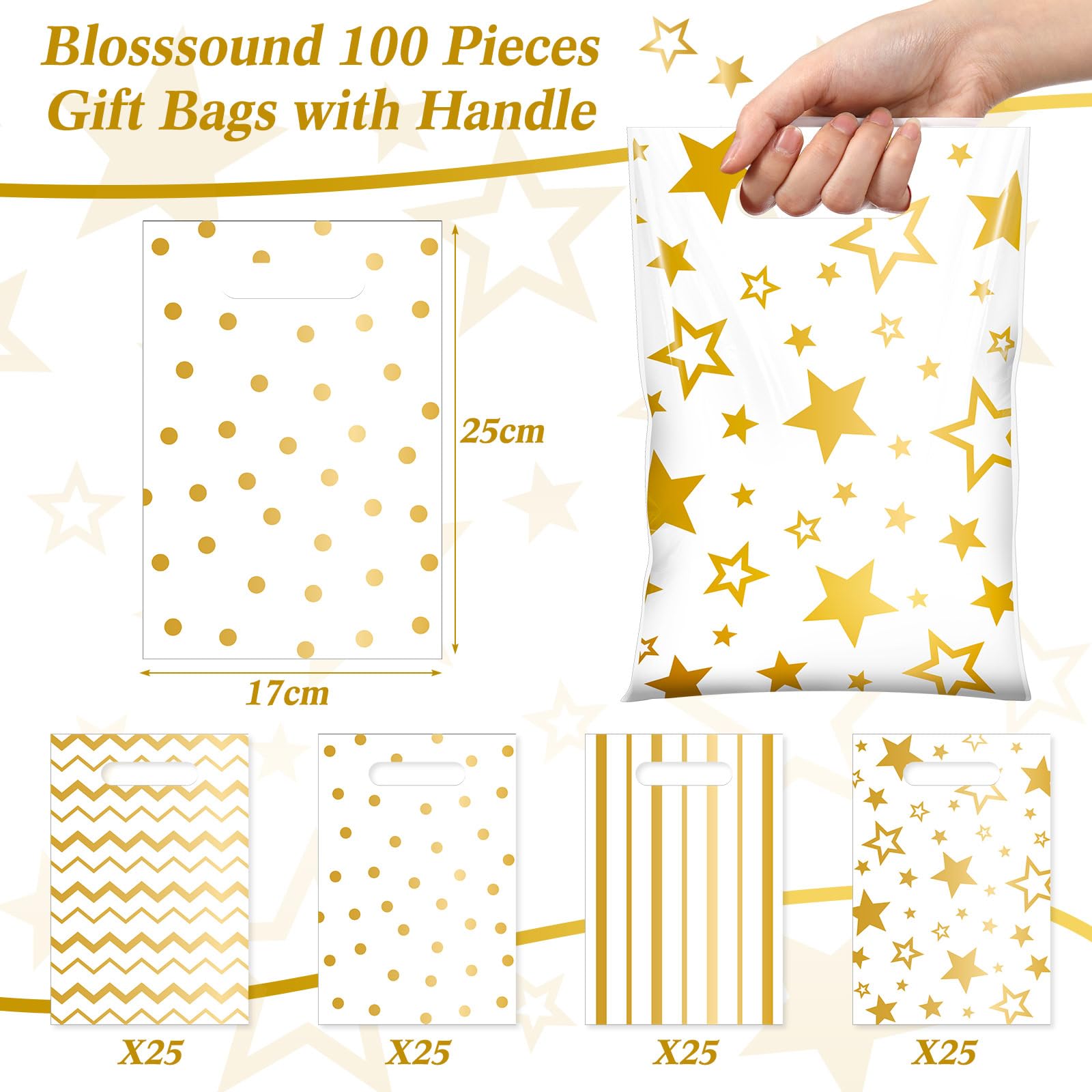 Blosssound 100 Stück kleine Geschenktüten mit Griff, Großpackung 17,9 x 24,8 cm, Kunststoff-Leckerli-Tüten für Geburtstag, Hochzeit, Abschlussfeier, Ruhestand, Karneval, Party, Gastgeschenke
