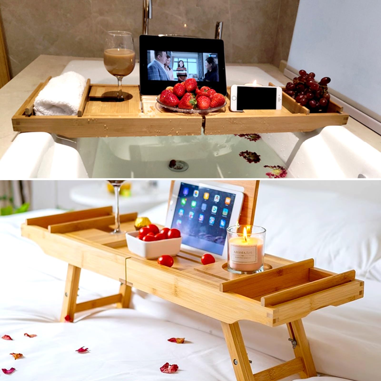 Bandeja de bañoBandeja de baño de 29 a 41 Pulgadas, Soporte expandible para Bandeja de bañera de bambú, Estante Antideslizante para bañera con Pata de Mesa Plegable, Mesa Plegable multifunci