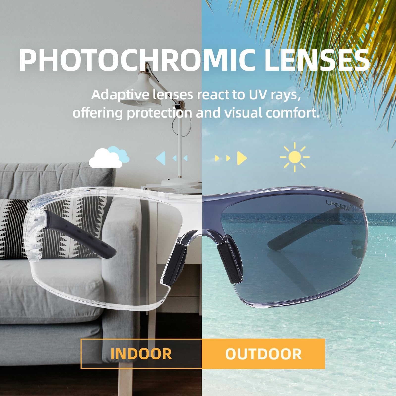 UKNOW Gafas de seguridad fotocromáticas, lentes de transición resistentes a los arañazos, junta de espuma extraíble, gafas protectoras ANSI Z87.1