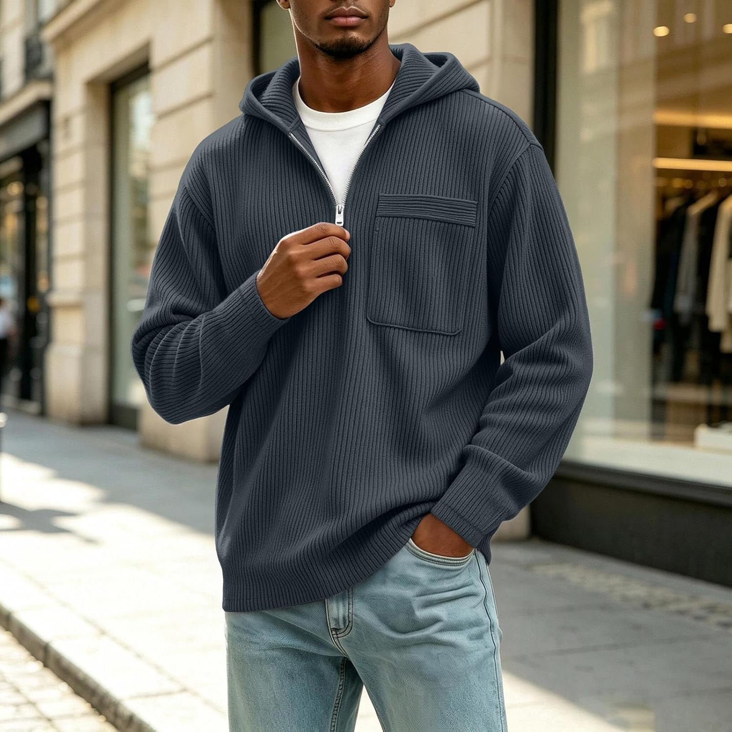 Casual Half-Zip Ribbed Knit Hooded Sweaters for Men Long Sleeve Tops