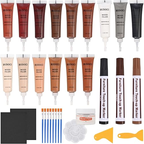 Kit de reparación de muebles de madera dura, juego de 32 rellenos de madera de resina, cepillos, marcador con raspador de plástico, kit de