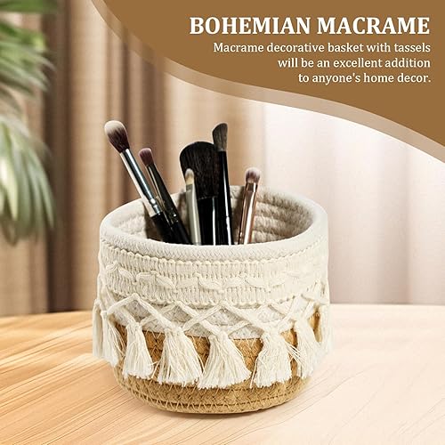 Miniatura 2 de HEAVYWOOD Organizador de brochas de maquillaje de macramé, mini contenedores de maquillaje, cesta de almacenamiento redonda bohemia de 4.7 x 3.9