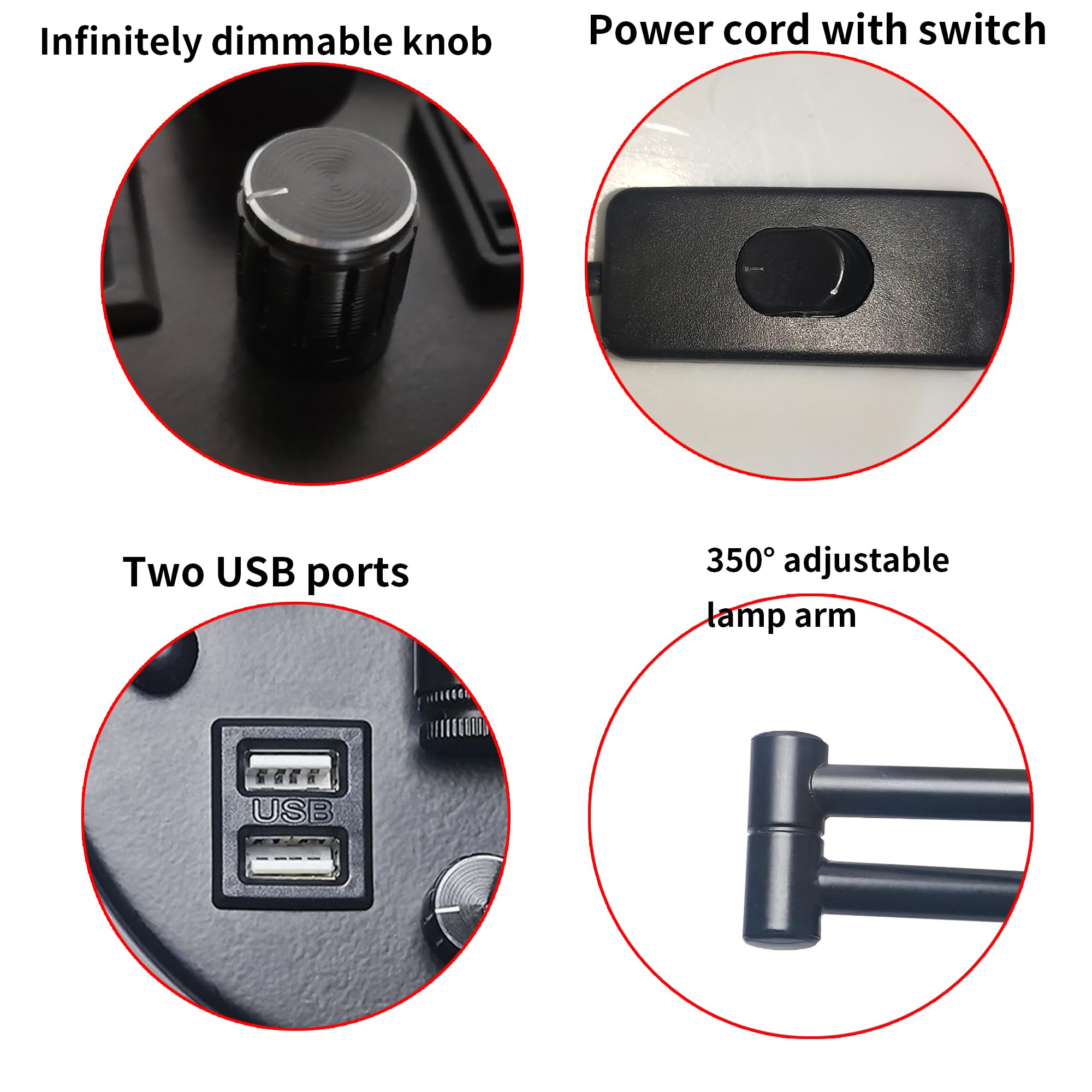 Plug in Wall Light for Bedroom with USB Socket,E27 Base Dimmable Bedside Wall Lamp with Cord and Switch,Black Wall Sconce White Linen Fabric Shade for Reading Lounge Cloakroom(Bulb not included) - Image 3