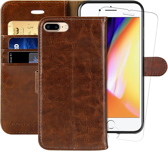 MONASAY Wallet Case for iPhone 7 Plus Wallet Case/iPhone 8 Plus,5.5 -inch [Glass Screen Protector Included] Flip Folio Leather Cell Phone Cover with Credit Card Holder for Apple iPhone 7 Plus/8 Plus