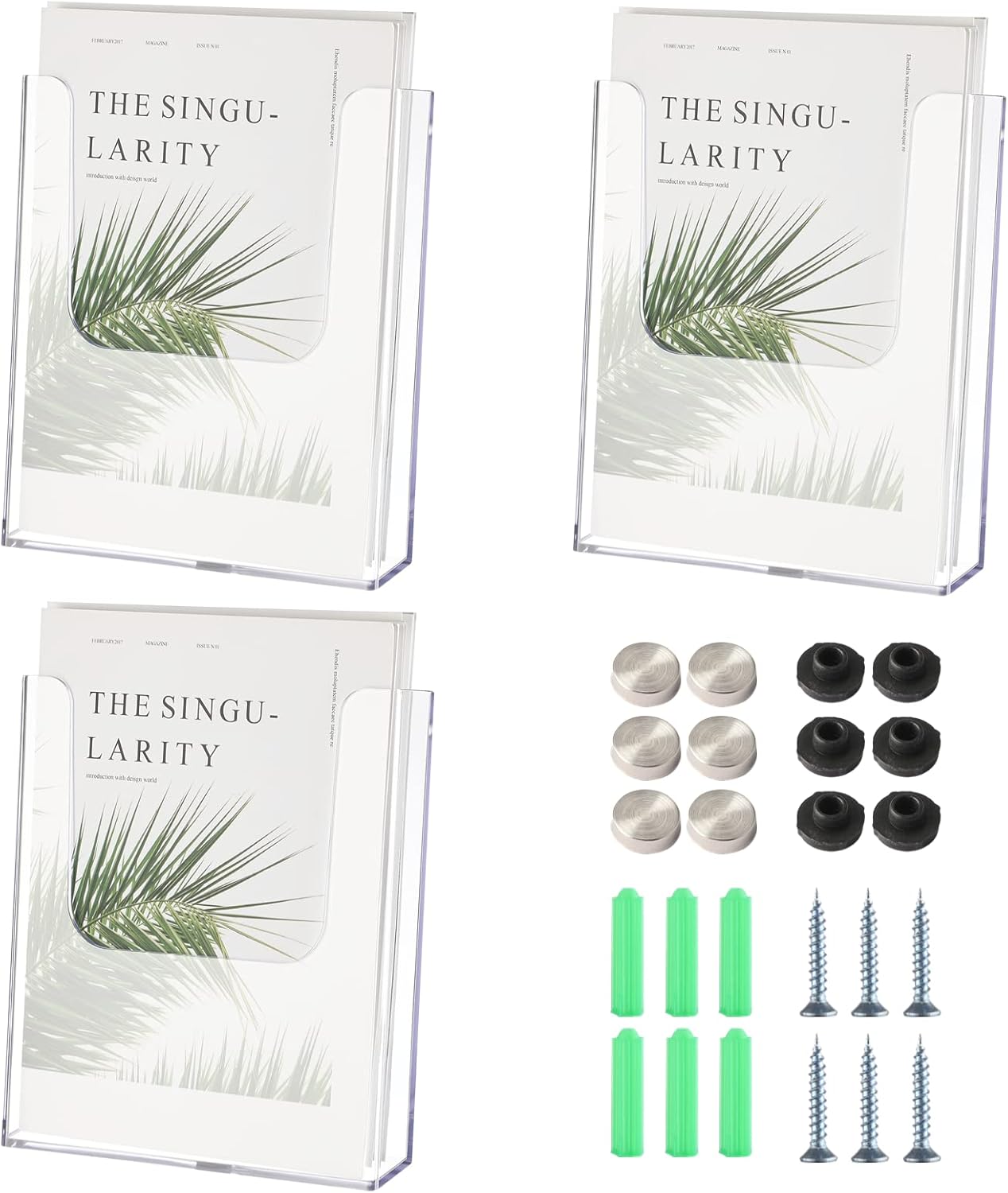 3Pcs A4 Magazine Brochure Holders, Clear Acrylic Pamphlet Racks, 8.8” x 9.8” Wall Mount Flyer Stand for A4 Size Literature, Display Racks with Nails for Home, Hotels, Restaurants, Retail Stores