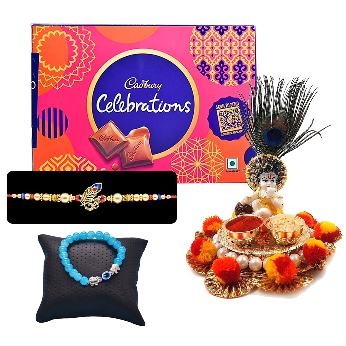 Saugat Traders Traditional Rakhi Combo for Bhaiya and Bhabhi - Chocolate Gift Combo, Laddu Gopal Idol and Chopra Roli Chawal Pack-Younger Bhaiya Bhabhi-Bal Gopal-Bangle-Bracelet-image-39