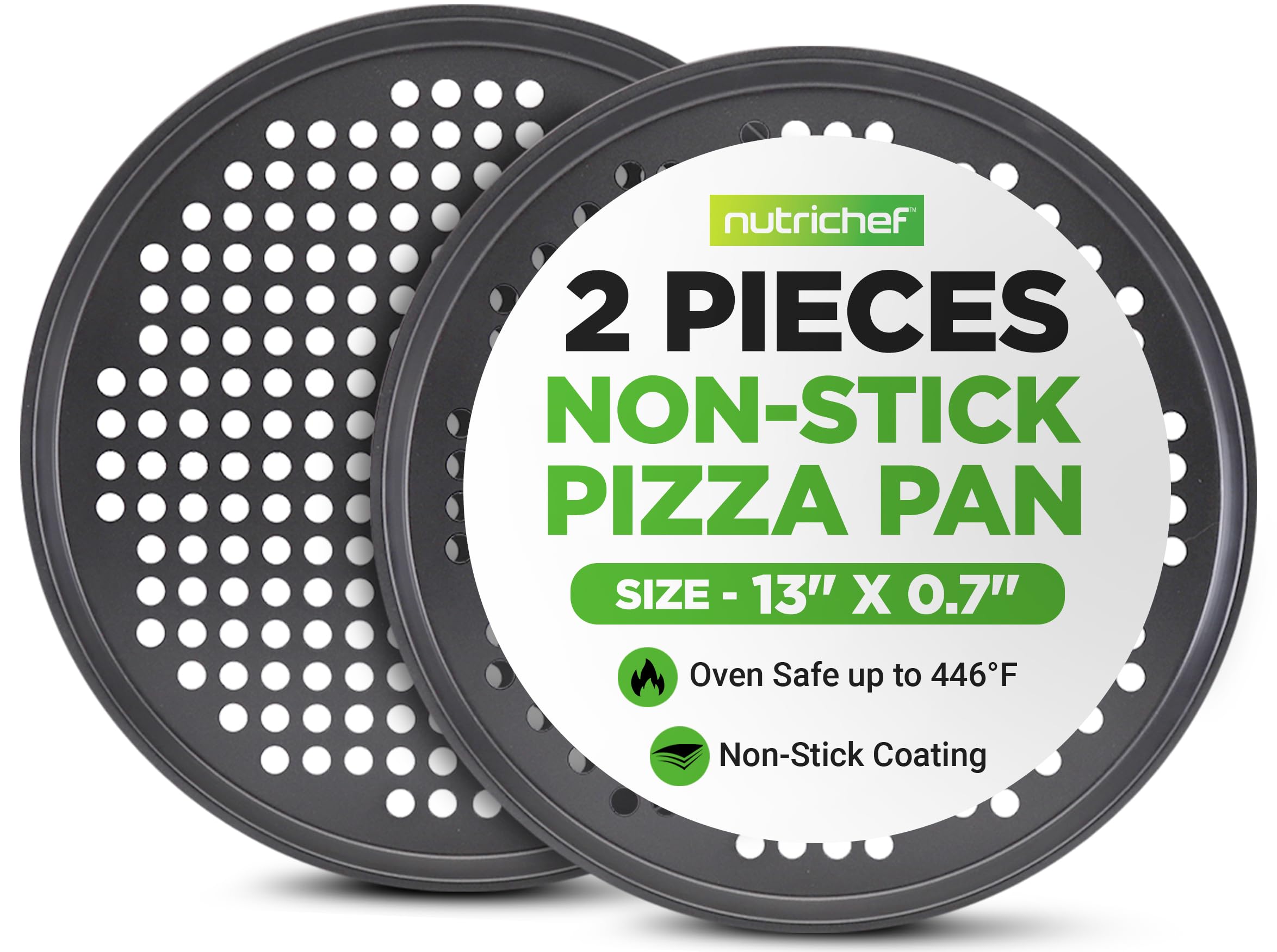 NutriChef Non-Stick Pizza Pan 33cm, 2-Pack Round Baking Steel Tray for Oven, Commercial-Grade Carbon Steel with Non-Stick Grey Coating, Ideal Baking Accessories for Stuffed Crust