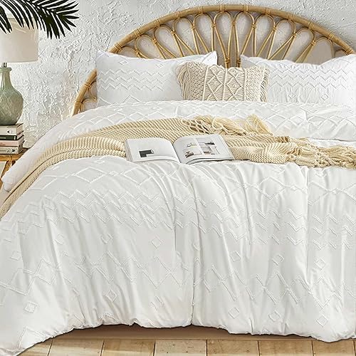 Miniatura 2 de Nanko Juego de edredón blanco tamaño Queen, estilo bohemio, jacquard suave, desgastado y elegante, reversible, de microfibra alternativa, edredón y