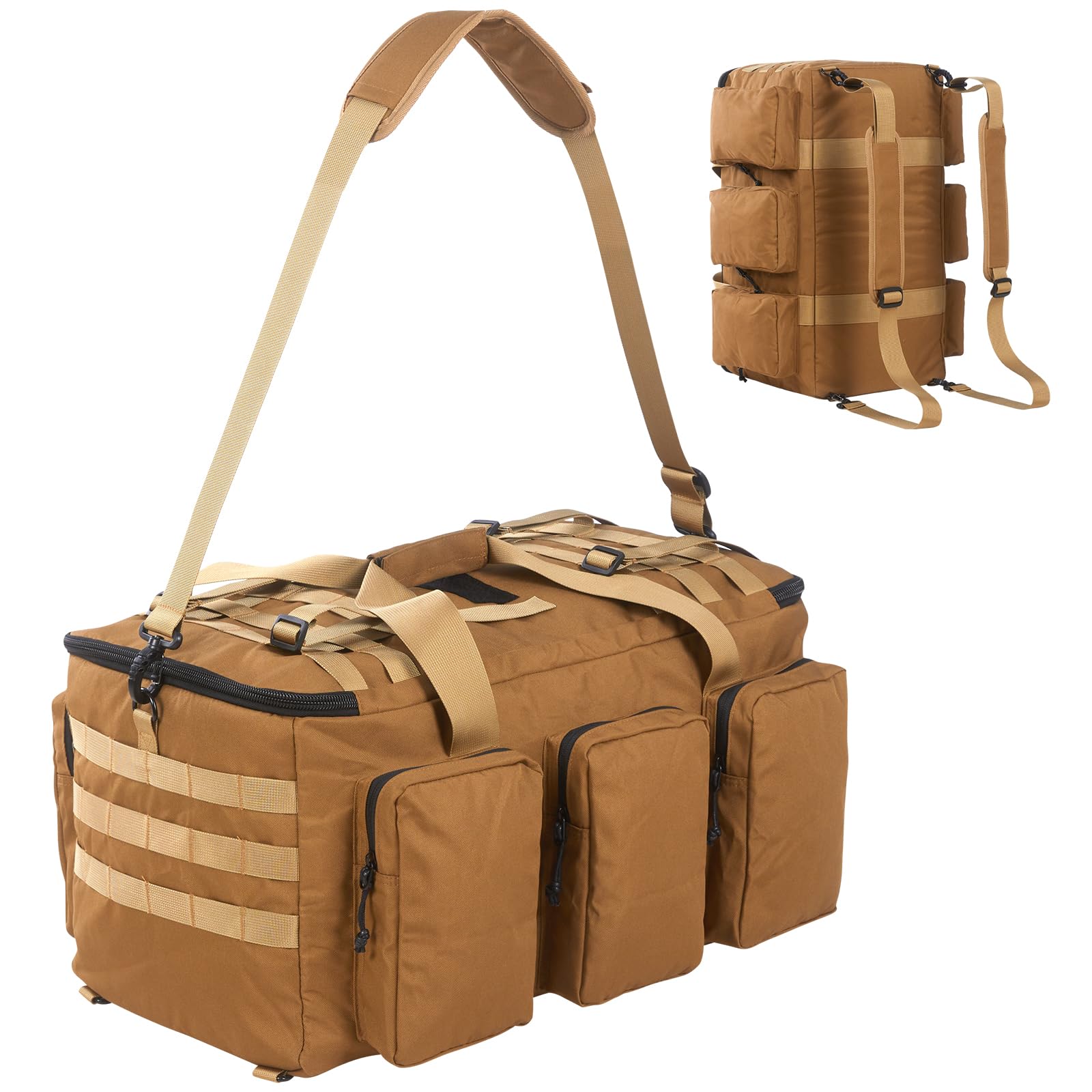 CECKQUE55L Military Tactical Duffle Bag for Men, Large Size Weekend Travel Camping Gym Bag, Army Duffel Bag with Compartments and Straps for Basketball Sports Gear Bag (Tan), Small - Tan, L