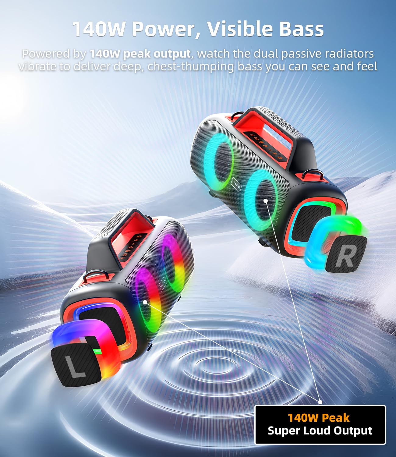 VUOPAX Cassa Bluetooth Portatile, 140W Potente con 2 Subwoofer e 2 Tweeter, Impermeabile IP65 per Esterni, Batteria 24h, Luci RGB, per Feste, Giardino, Spiaggia - Connessioni AUX/USB/TF e TWS