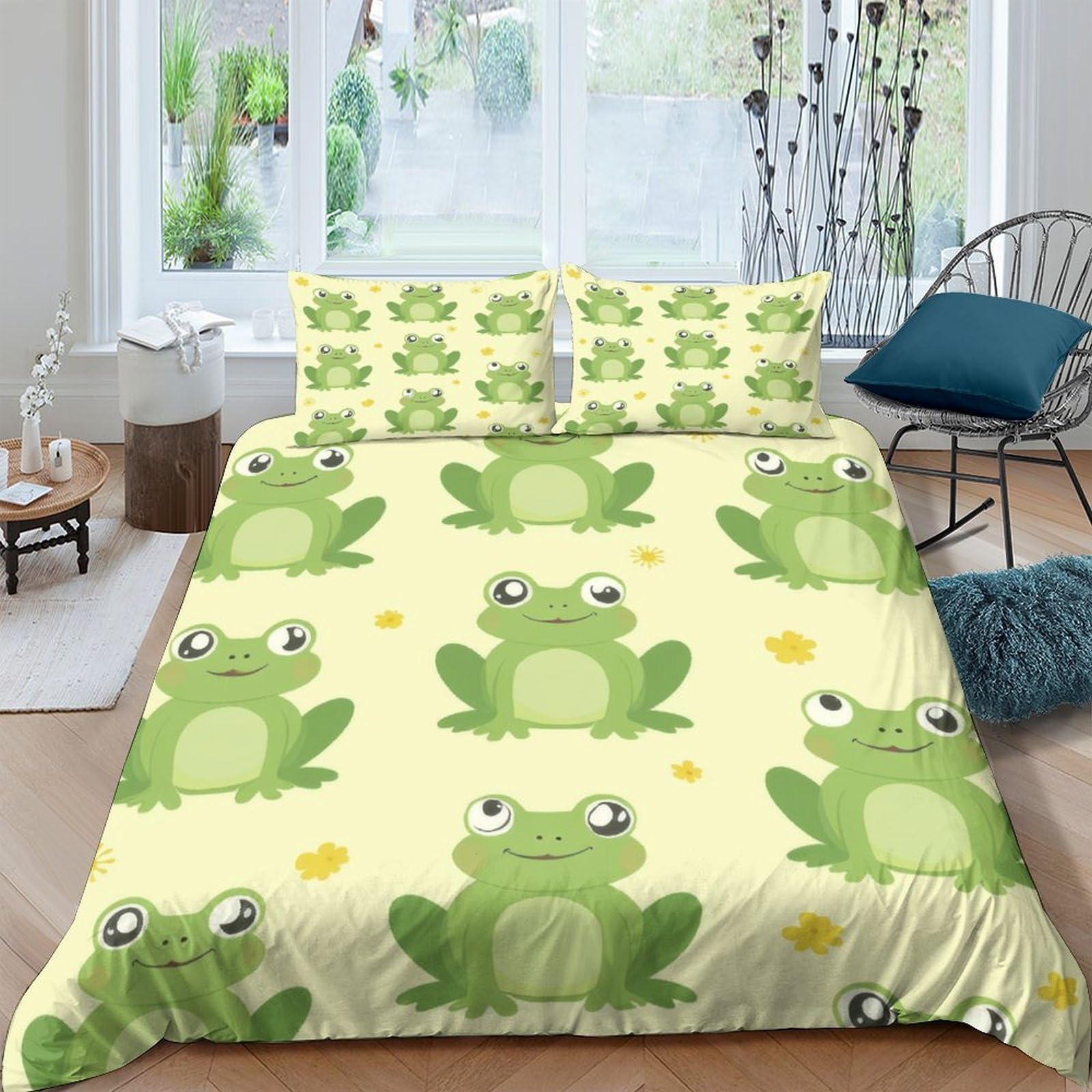 TUFRTGYHN 3D Printed Cute Frog Duvet Cover Microfiber Soft Breathable Cartoon Frog Bedding Set with 2 Pillowcases for Bedroom Decor Single（135x200cm）