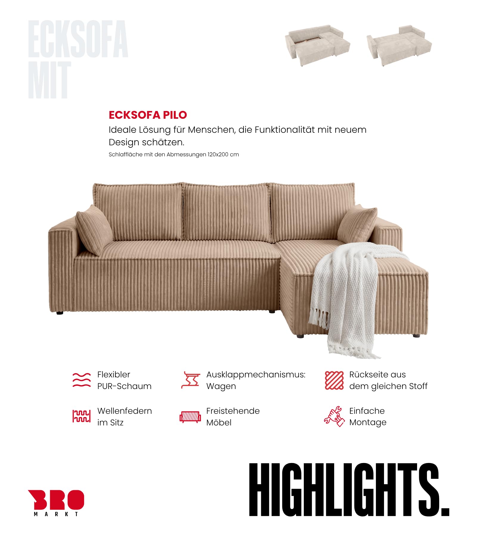 BROMARKT Sofa mit Schlaffunktion L Form Ecksofa mit Bettkasten Hellbraun | Couch Eckcouch Schlafcouch Schlafsofa Sofabett Eckschlafsofa 235x133x85 cm 3 Sitzer Wohnlandschaft Cordstoff PILO