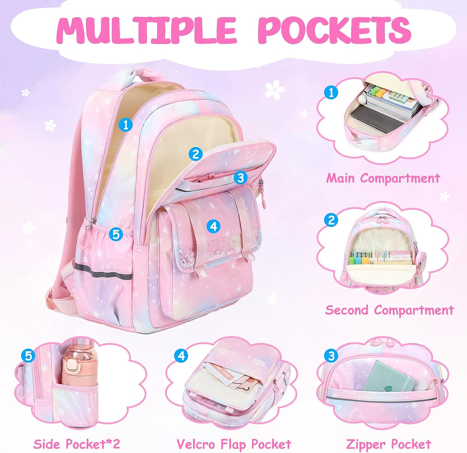 MUSEVOS Kids School Backpacks for Girls: Cute Kawaii Bow Book Bag with Large Lots of Pockets for Elementary Age 6-14 Pink