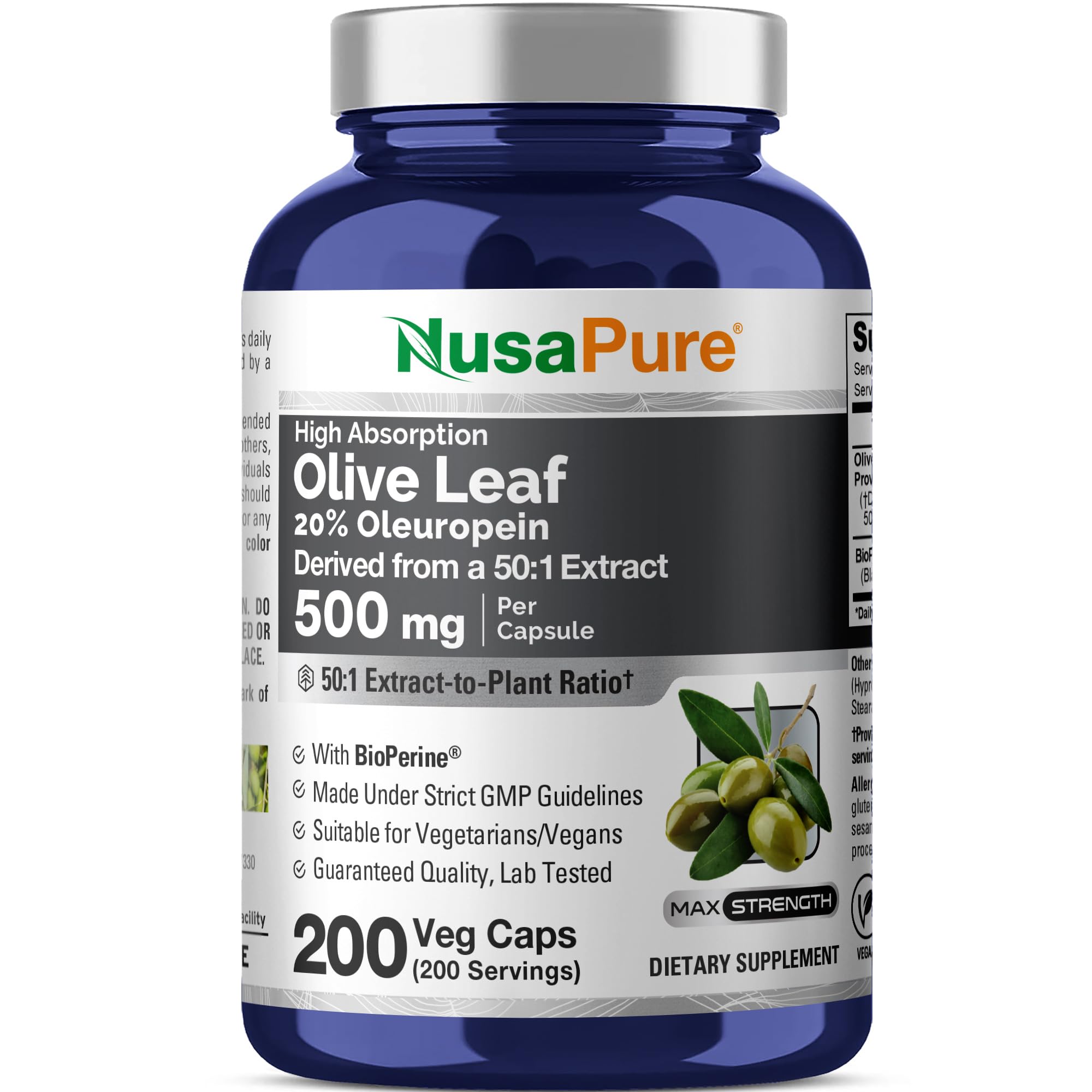 NusaPure Olive Leaf, Non-GMO, Vegan, 500mg, 200 Veg Capsules - 200 Servings