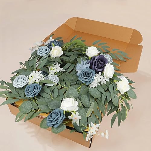 Miniatura 7 de Guirnalda de eucalipto artificial con flores, flores burdeos de 6 pies, guirnalda de mesa de boda, hecha a mano, centros de mesa de boda, centros de