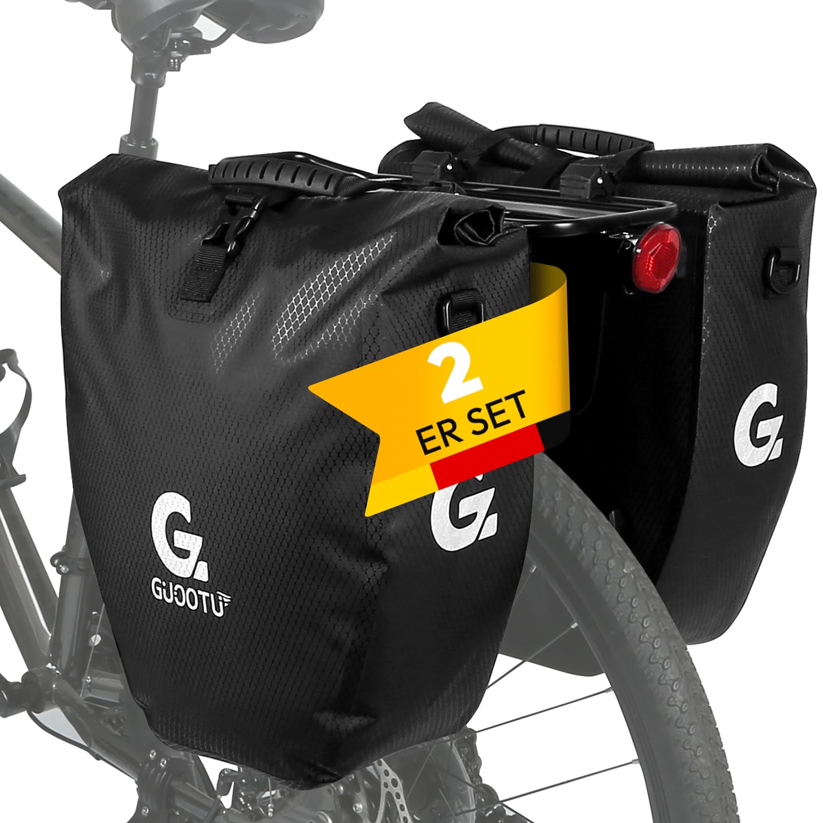 GUOOTU 2 Er Set Fahrradtasche für Gepäckträger 40L mit Tragegriff und Schultergurt fahrradtasche gepäckträger, gepäckträgertasche, Gepäckträgertasche mit Reflektoren (Schwarz 20L, 2er Set)