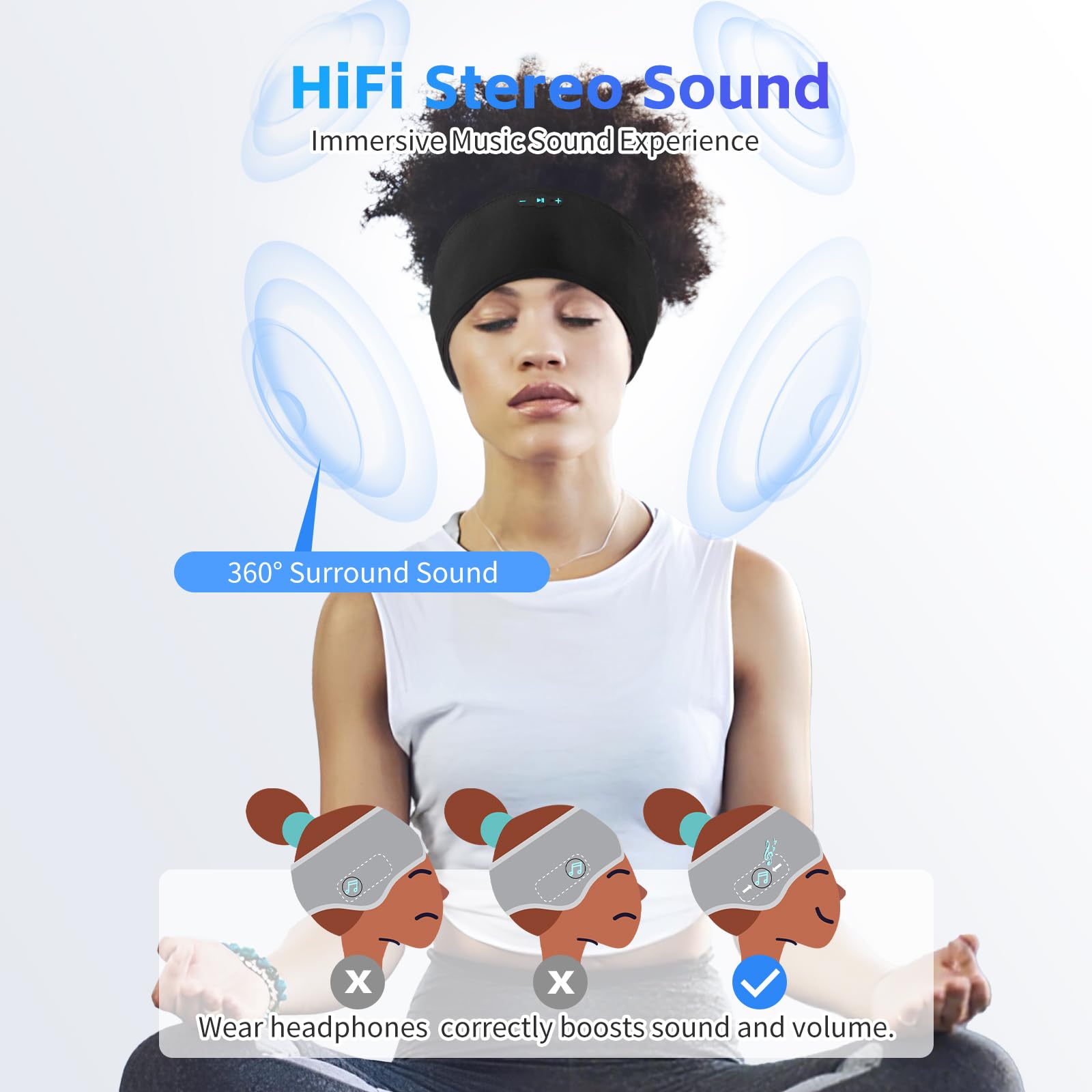 Schlafkopfhörer Bluetooth 6.0 Stirnband, 3 IN 1 Schlafen Stirnband Kopfhörer für Seitenschläfer mit 20H Spielzeit, HD Stereo, Abnehmbares und waschbares Kabelloses Stirnband für Schlafsport (Schwarz)
