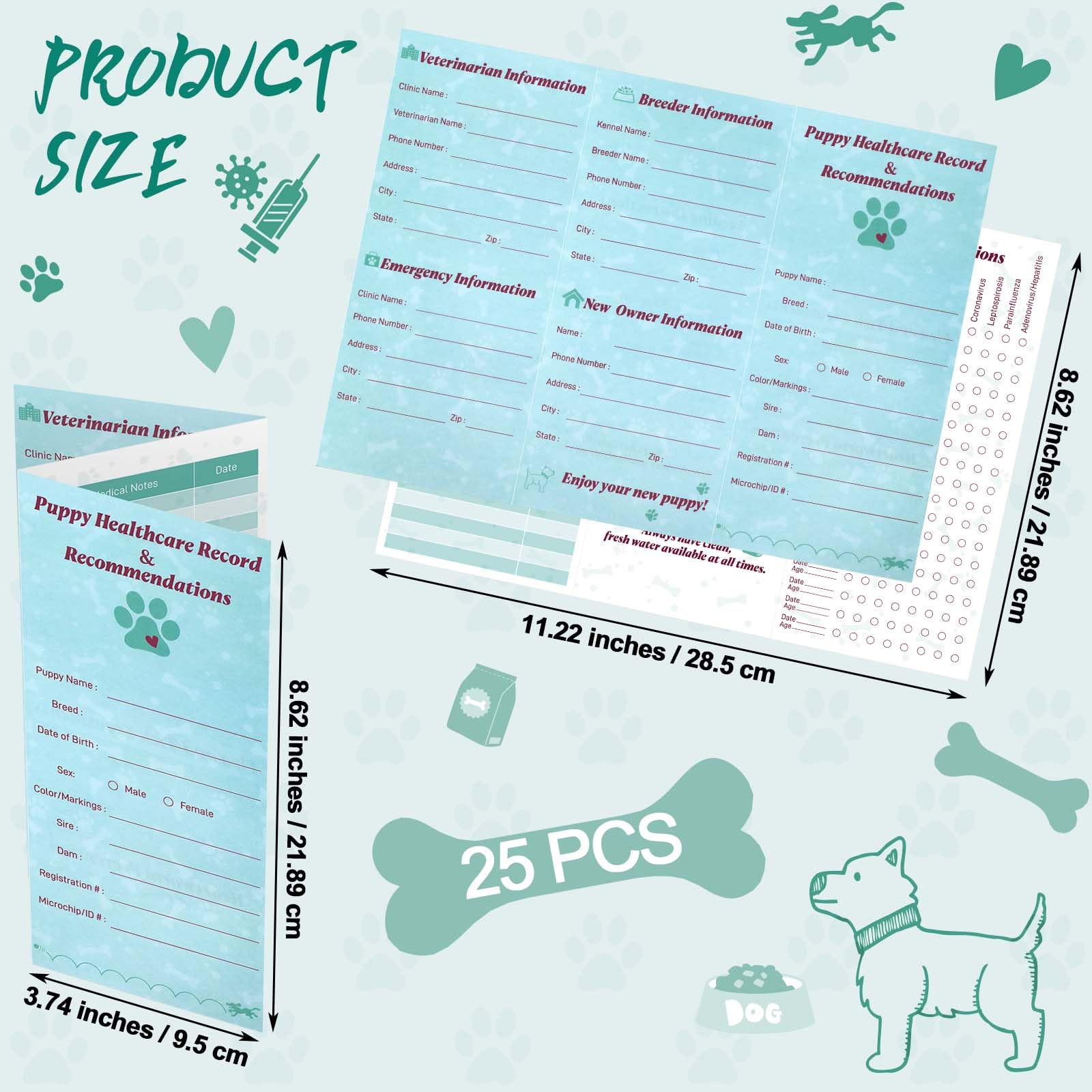 Feifeiya 25 Pack Dog Vaccines Large Records Tri Fold Dog Health Records Book and Recommendations Puppy Vaccination Shot Booklets for Pet Supplies Home