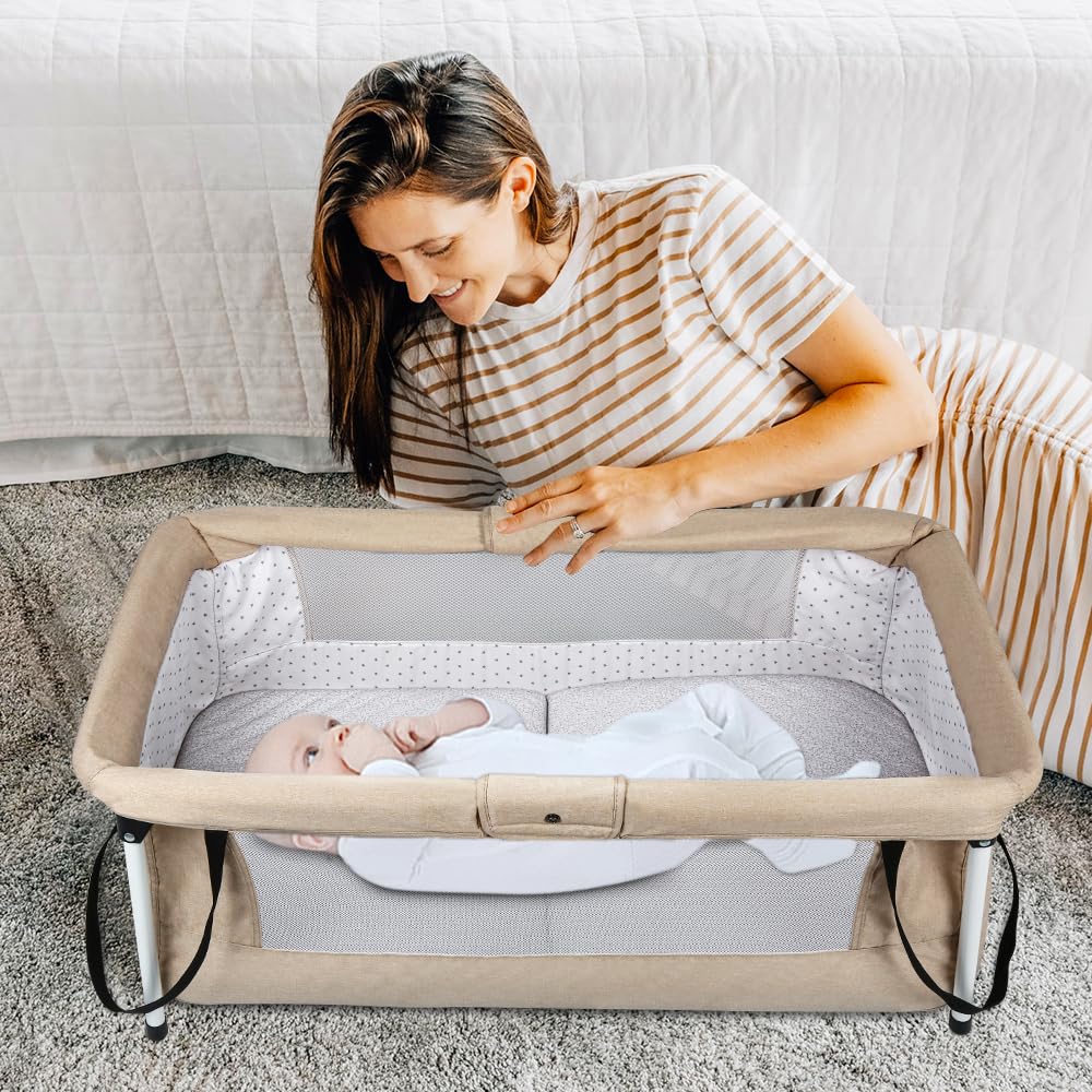 Supfine Lit de Voyage Bébé Pliable, 90 x 50 x 35 cm, Lit Parapluie Portable et Compact, Module de Couchage pour Nouveau-né (Beige, 90 * 50 * 35 cm)