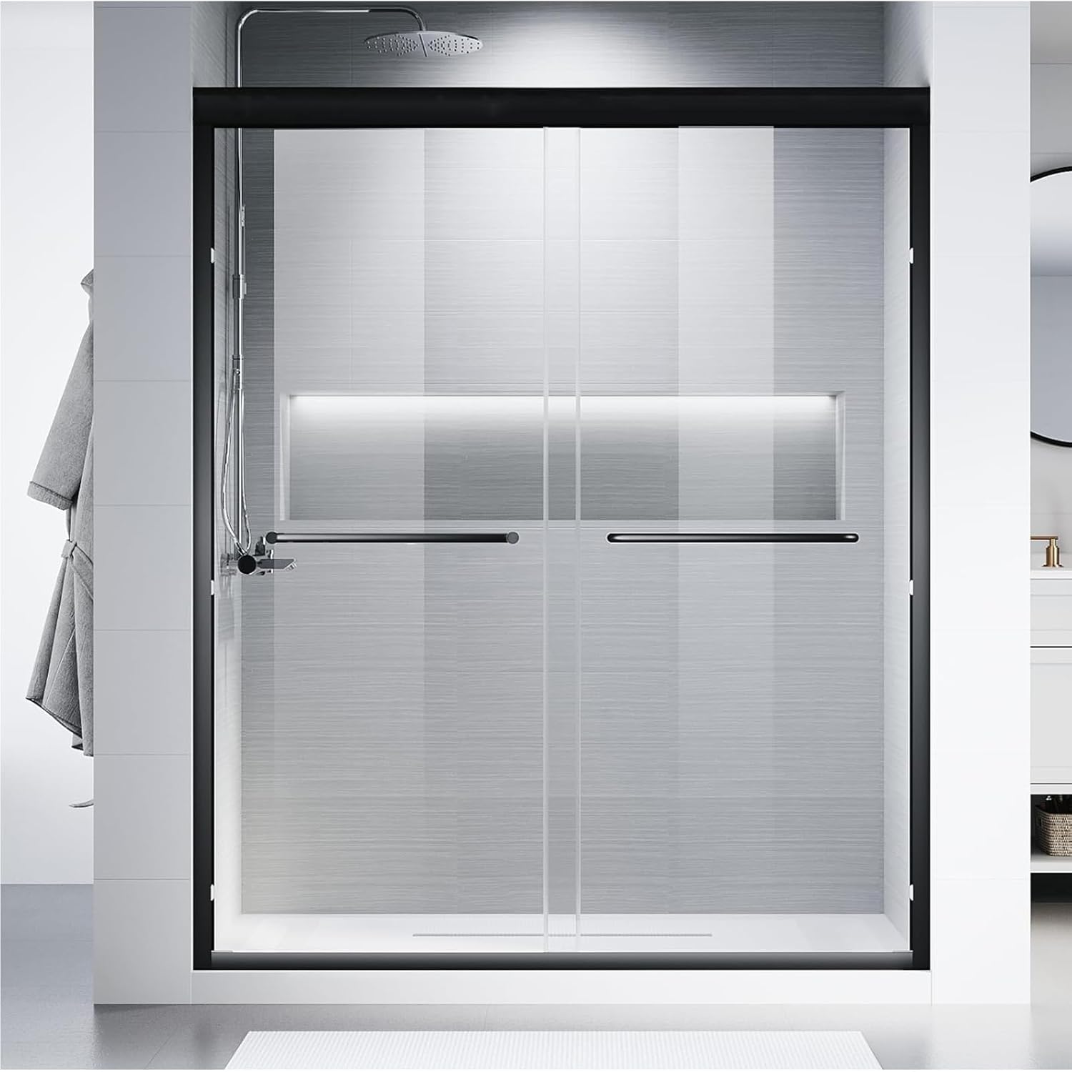 Double Sliding Shower Door 50-54" W x 72" H, Semi-Frameless Bypass Glass Door with 1/4" (6mm) Tempered Glass, Adjustable Matte Black Shower Door with Double Handles and Easy Installation