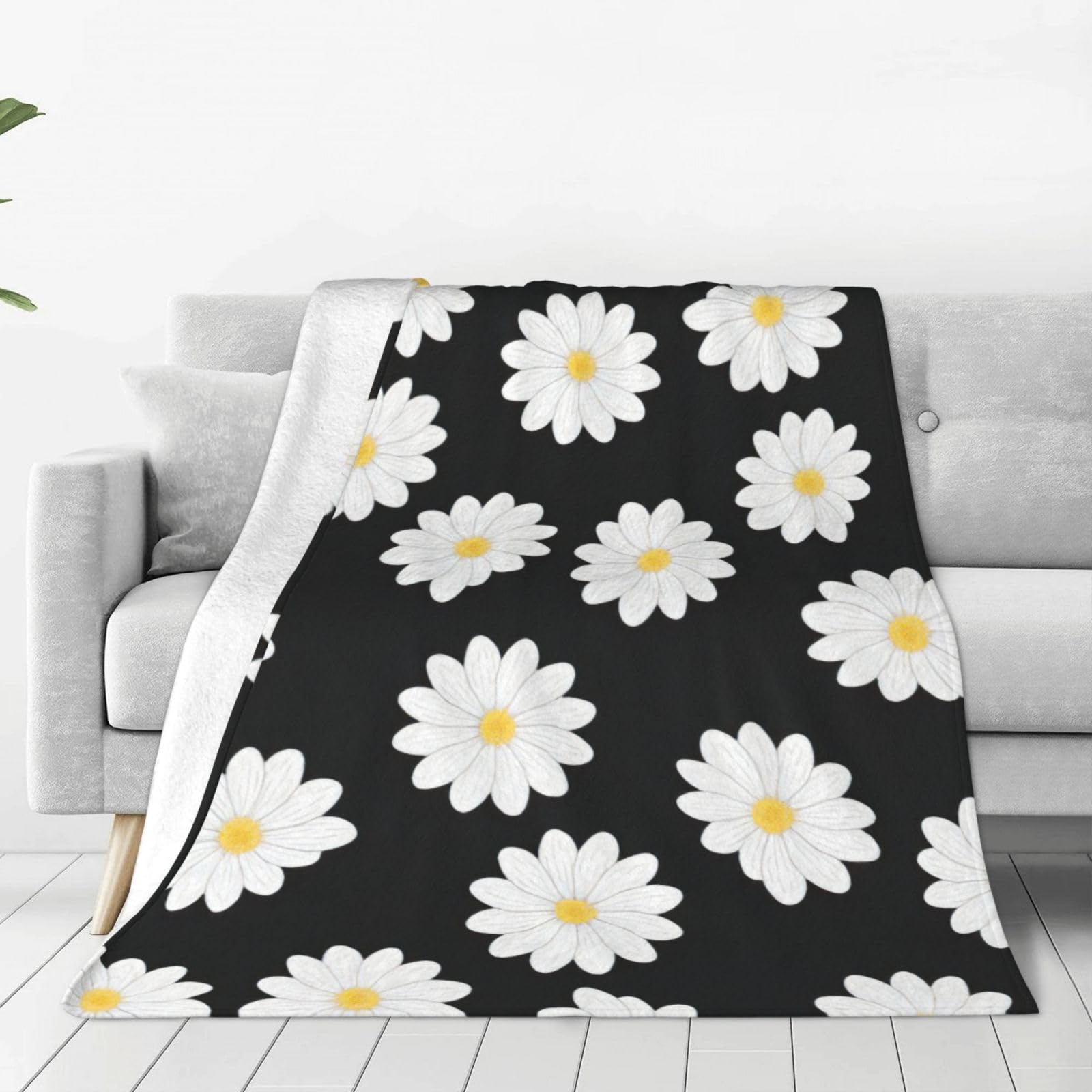 Couverture polaire douce lit imprimé marguerites blanches plaid chaud