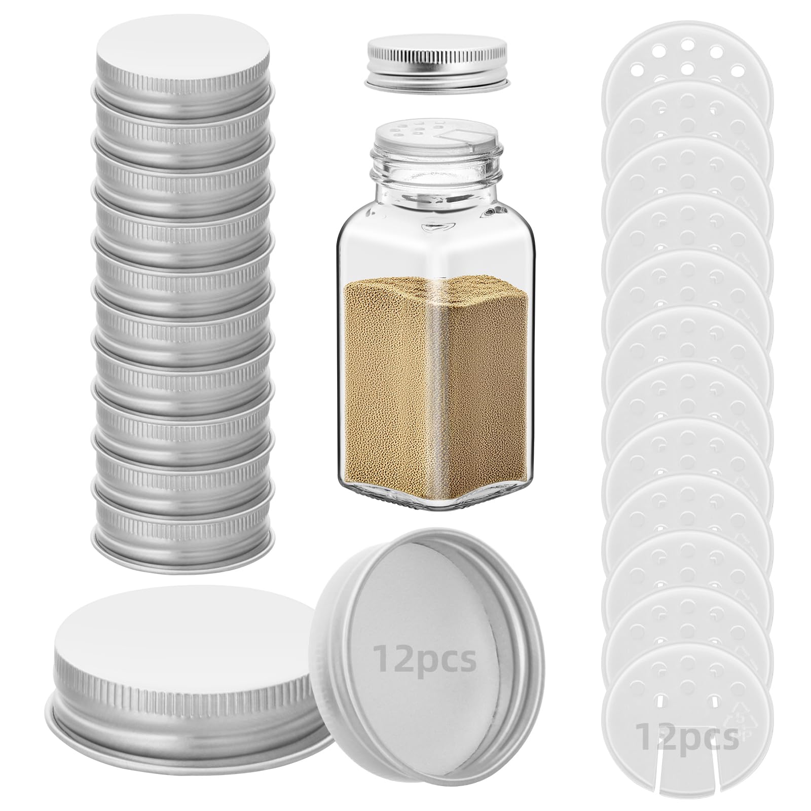 Eispap Silver 12 Iron Spice Jar Lids With 12 Shaker Inserts, Fit 4Oz & 6Oz Glass Jars, Airtight Metal Caps, 2-In-1 Pour & Sprinkle Design For Salt, Pepper & Seasoning (Jars Not Included) (Silver)