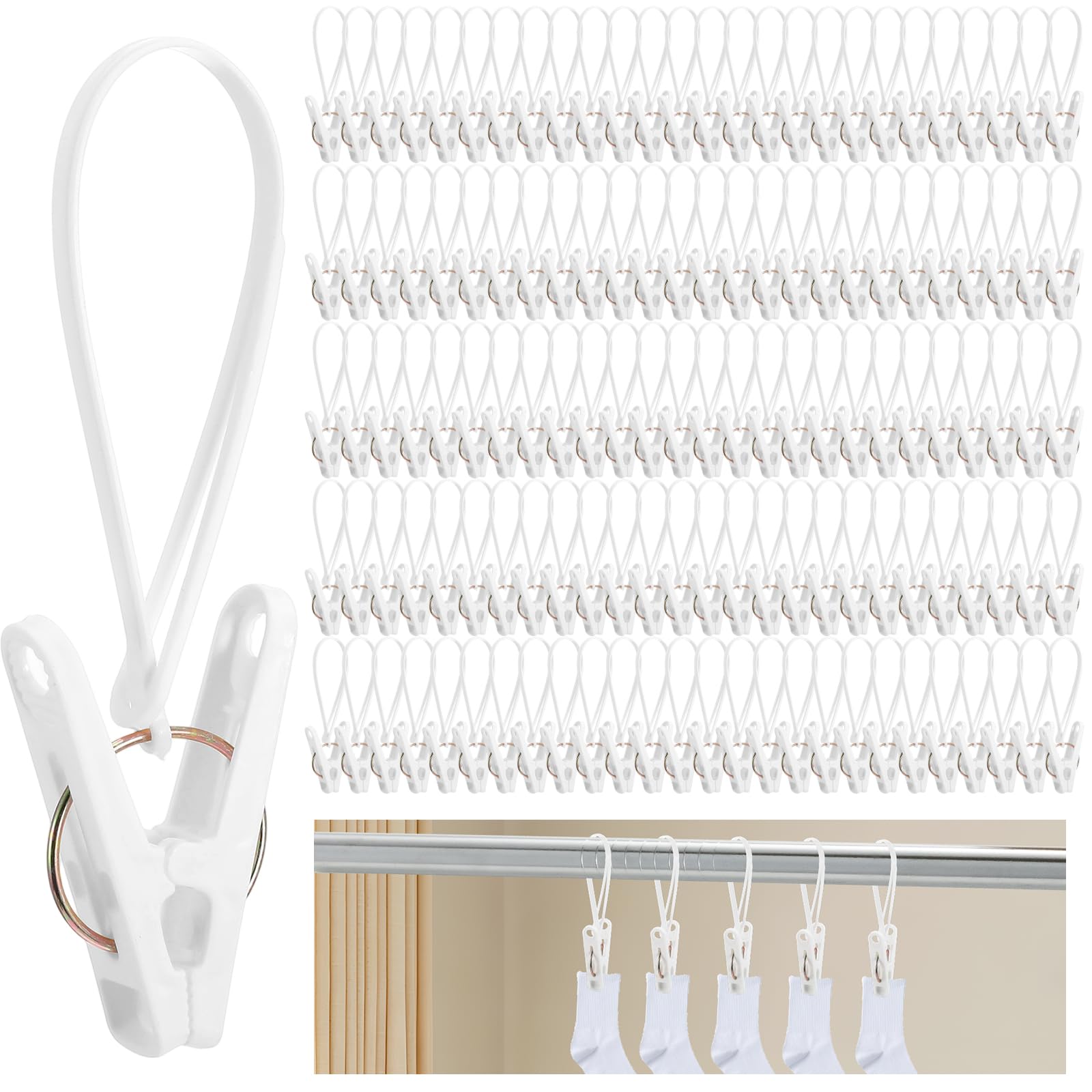 120 Pack Multi-Purpose Laundry Hooks Hanging Clips Bulk with Plastic Rope Hanger Clips for Baby Clothes Closet Organizer for Pants Hat Sock Boot Bra Towel Bathroom Wardrobe Kitchen White