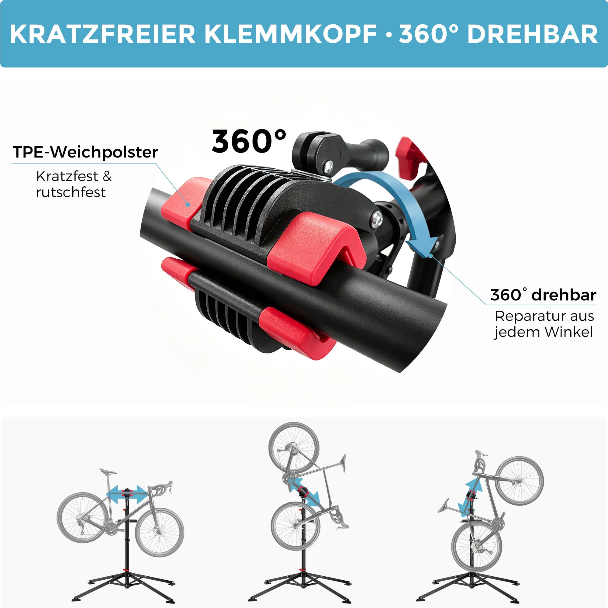 Profi Fahrrad Reparaturständer, mit großem rechteckigem magnetischem Werkzeugtablett und Vorderradhalter, 360° drehbarer Klemmkopf, klappbar & universell verstellbar, bis 30 kg belastbar