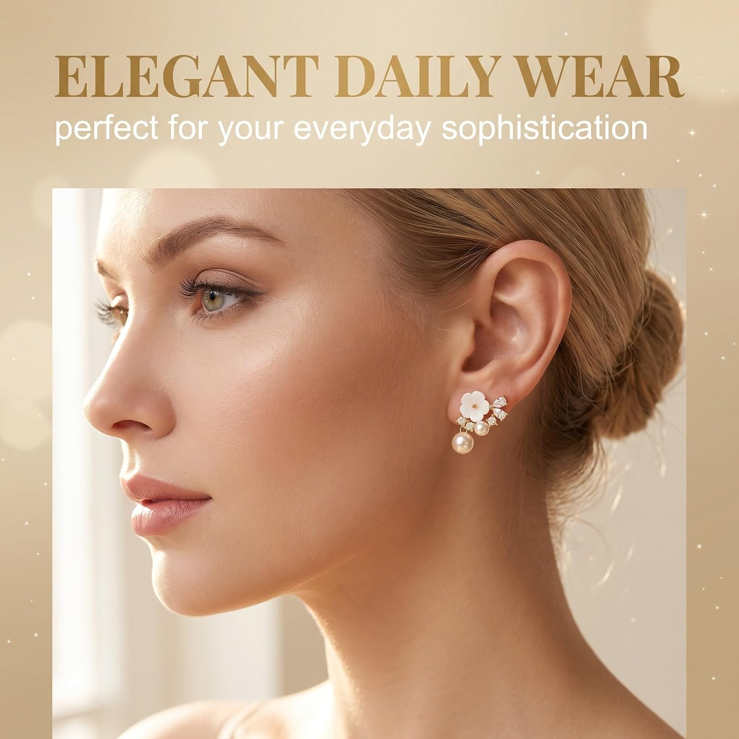 Women's Gold Flower Earrings, Elegant Drop Earrings with Shell Pearls and Zirconia, Delicate Pearl Earrings for Wedding, Birthday, Gift for Women and Girls image 2