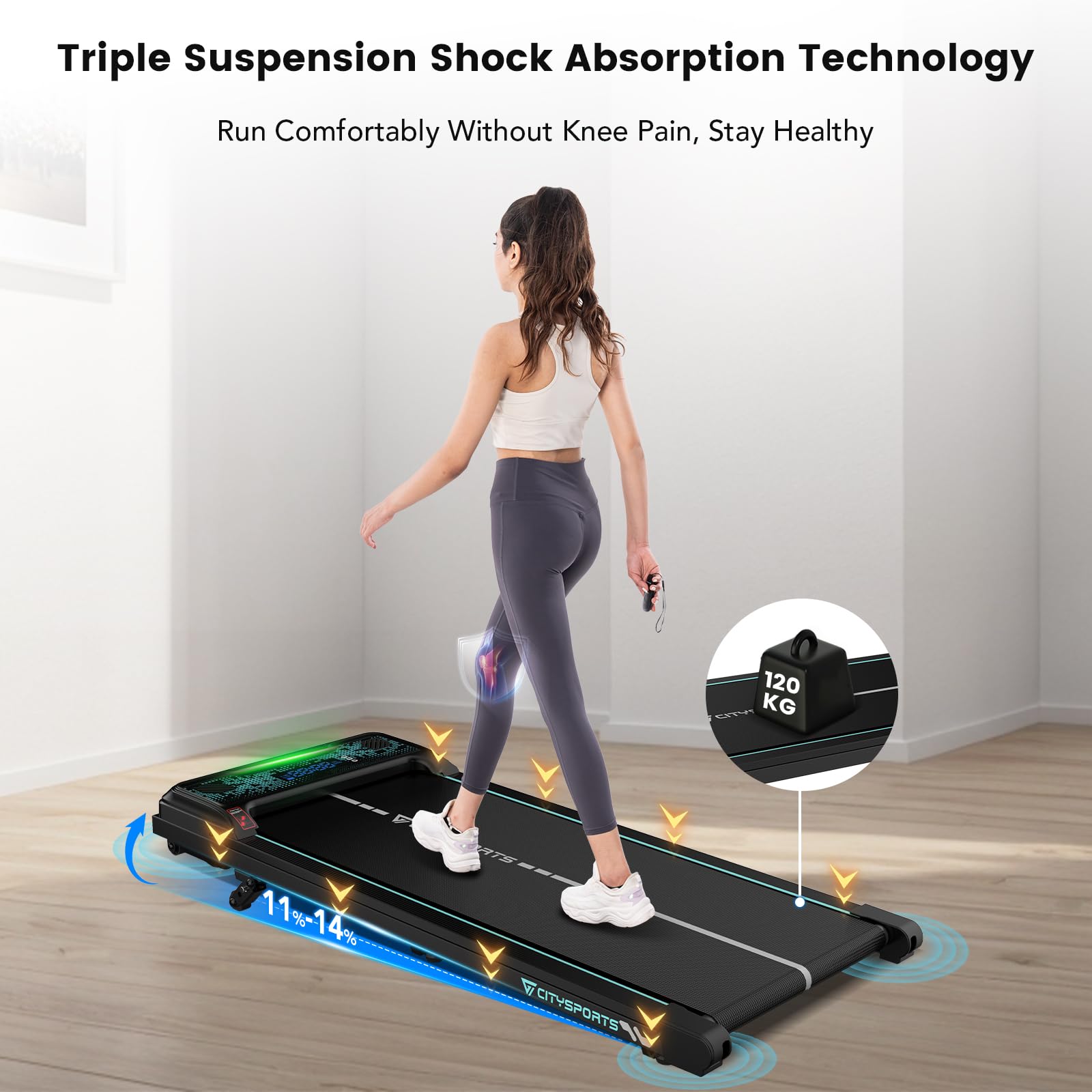 CITYSPORTS Tapis de Course Électrique Inclinable 11–14%, Tapis Roulant Silencieux 1–6 km/h, Écran LED, avec Télécommande, Tapis de Marche pour la Maison et Le Bureau